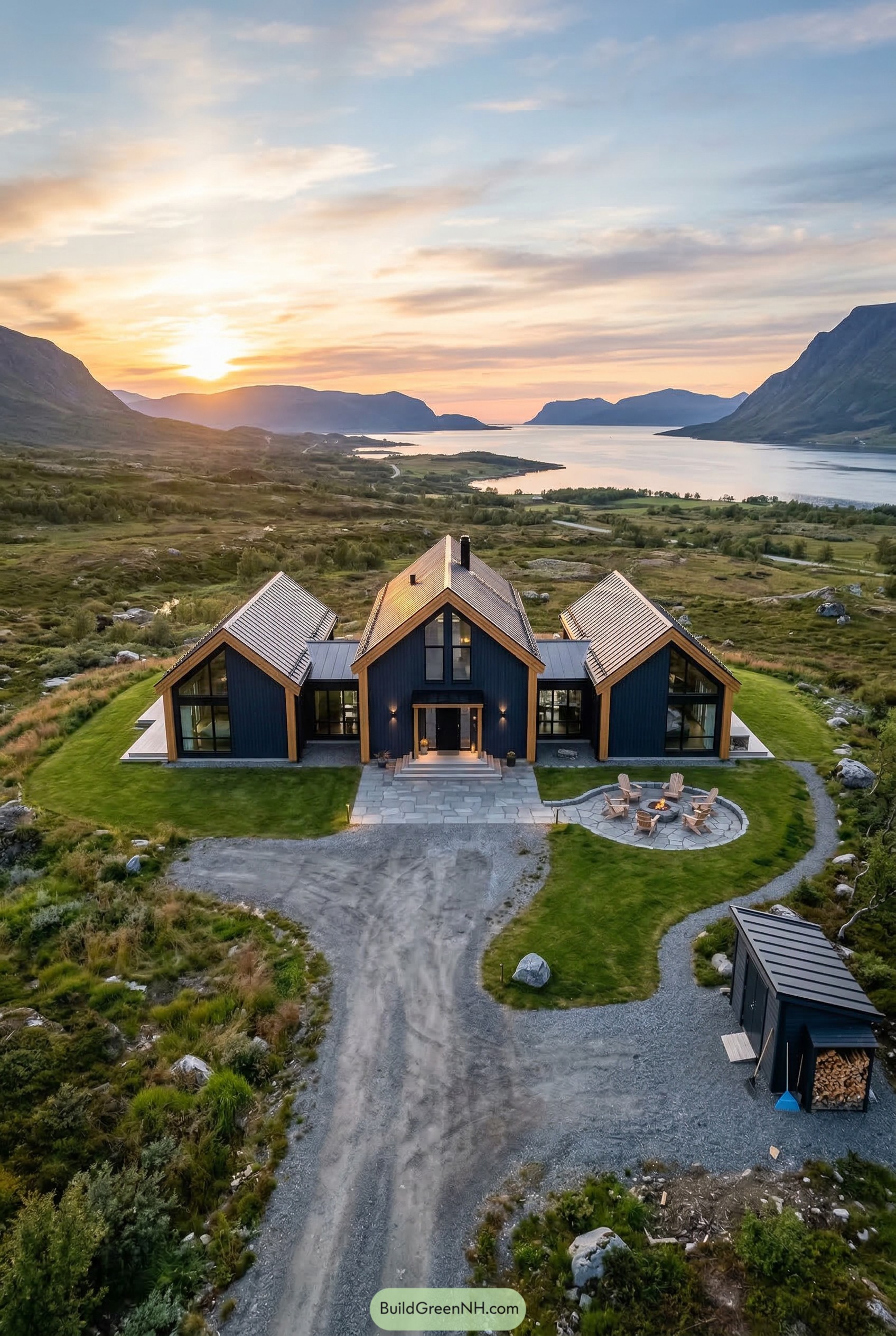 Black three gabled house above a fjord