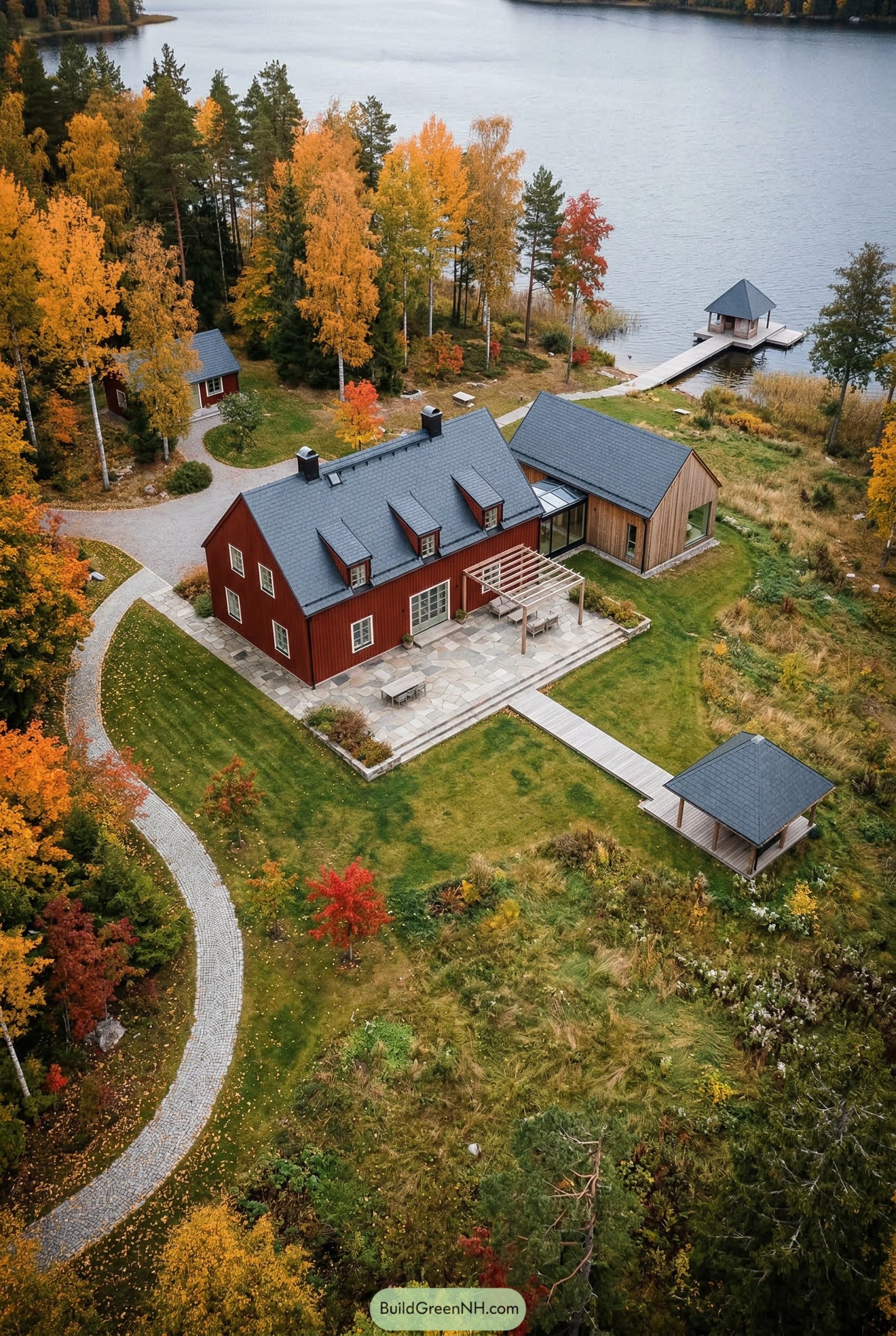 Red lakeside house with dock in autumn