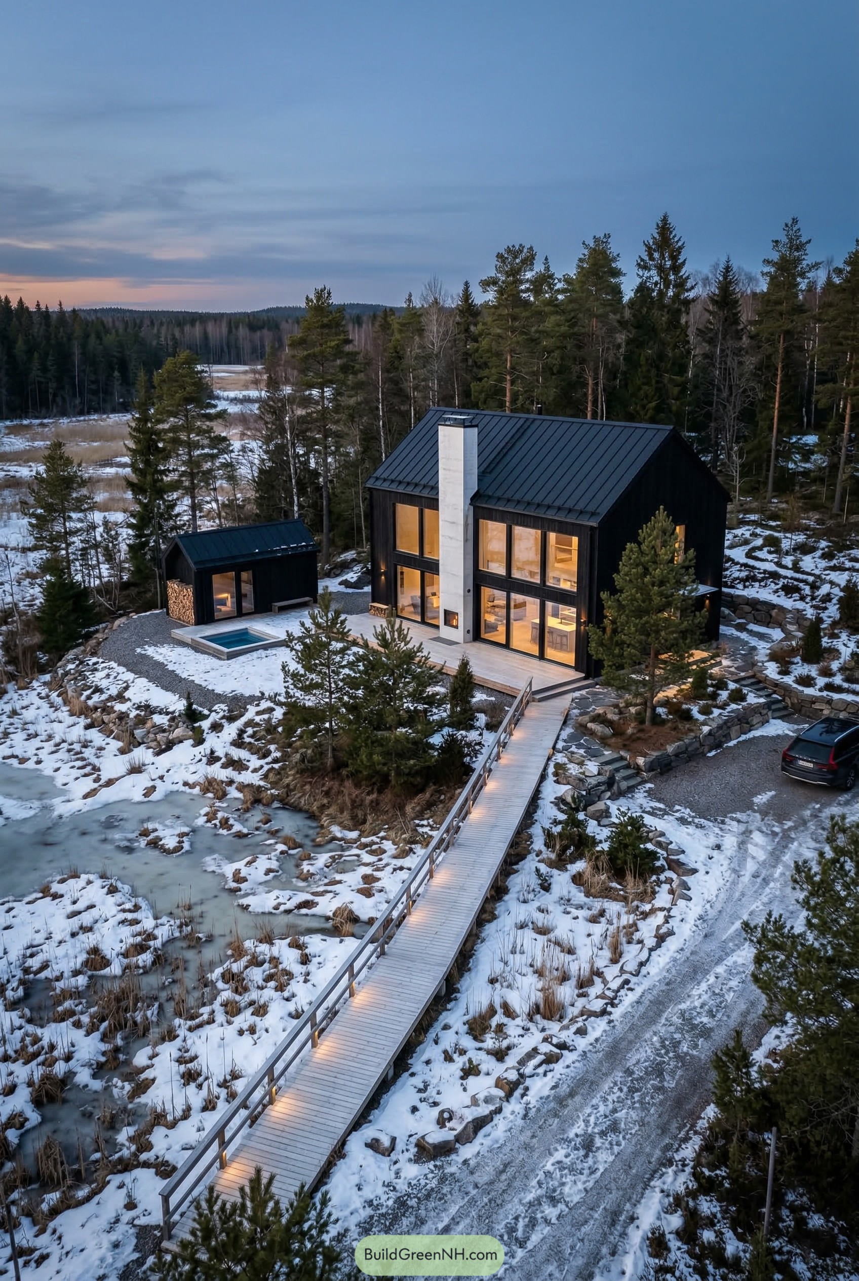 Black gabled house beside a snowy marsh