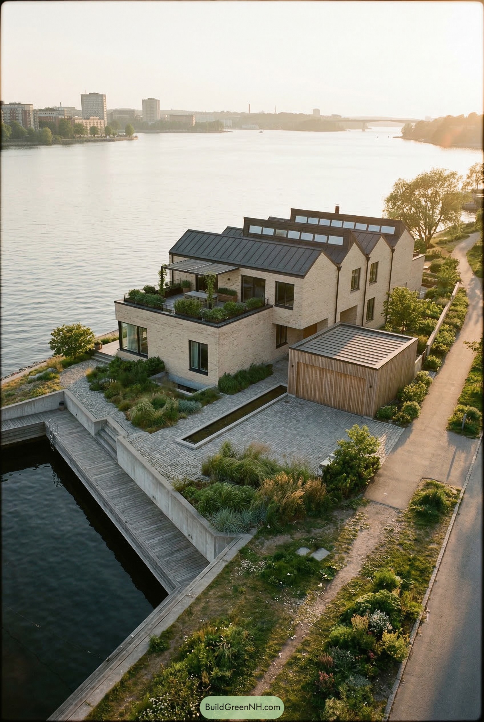 Pale brick waterfront house with roof terrace