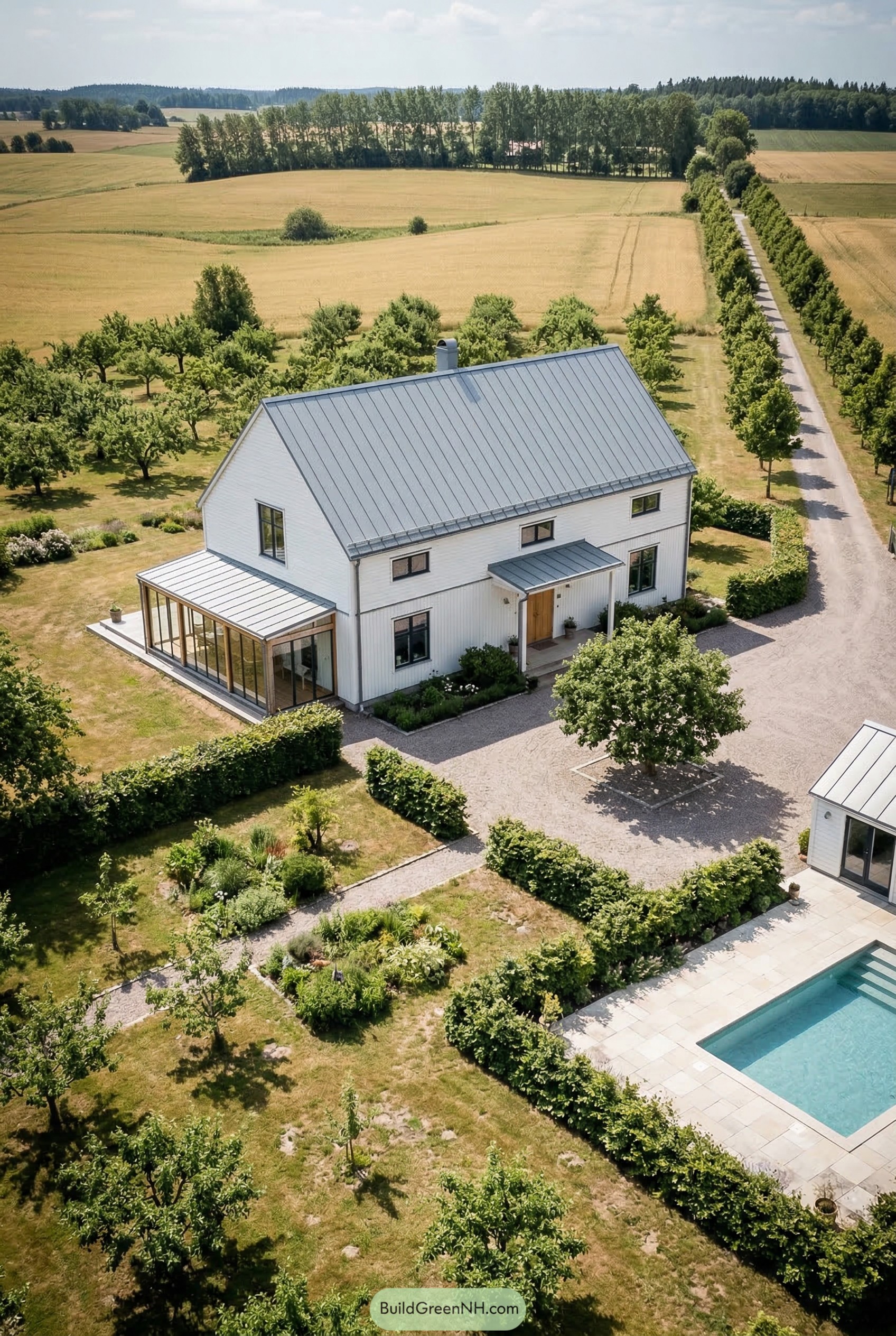 White gabled farmhouse with sunroom and pool