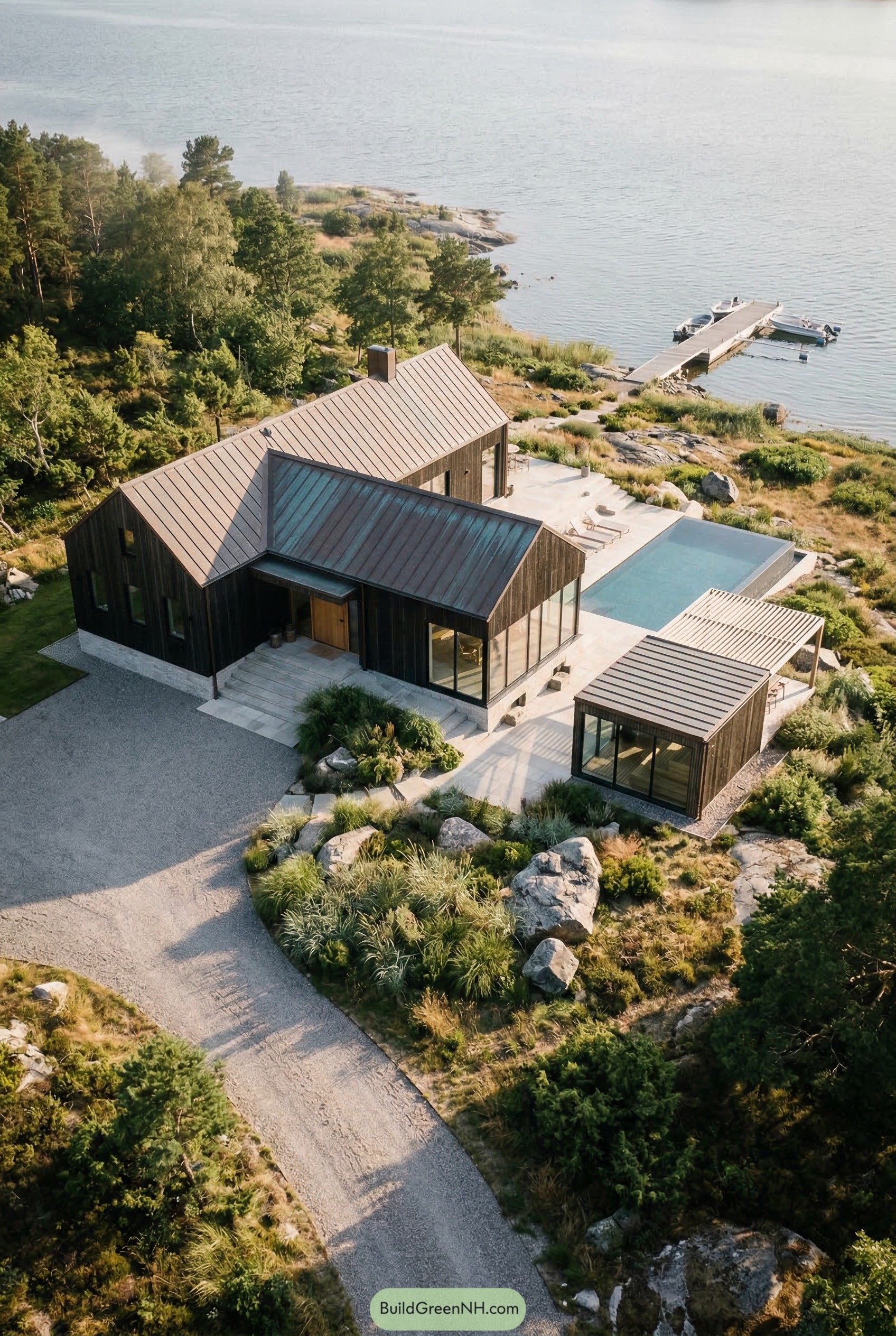 Scandinavian waterfront house with pool and dock