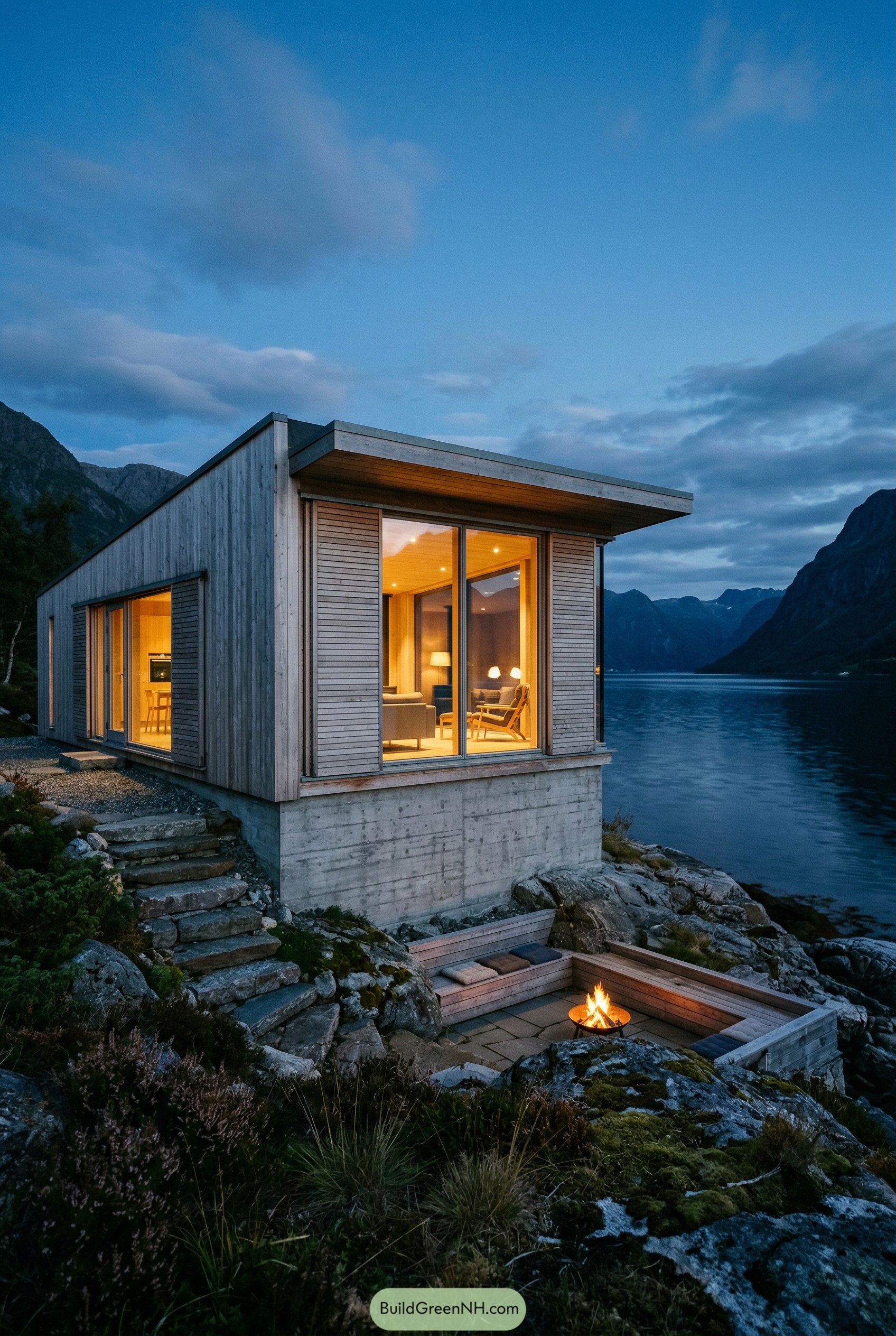 Modern wooden cabin with large windows overlooking a fjord and sunken fire pit seating