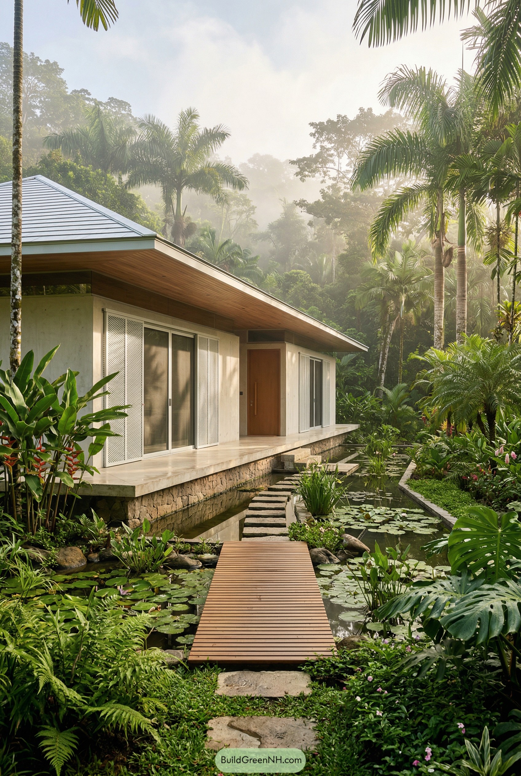 Modern villa with lily pond, timber walkway, and lush tropical garden