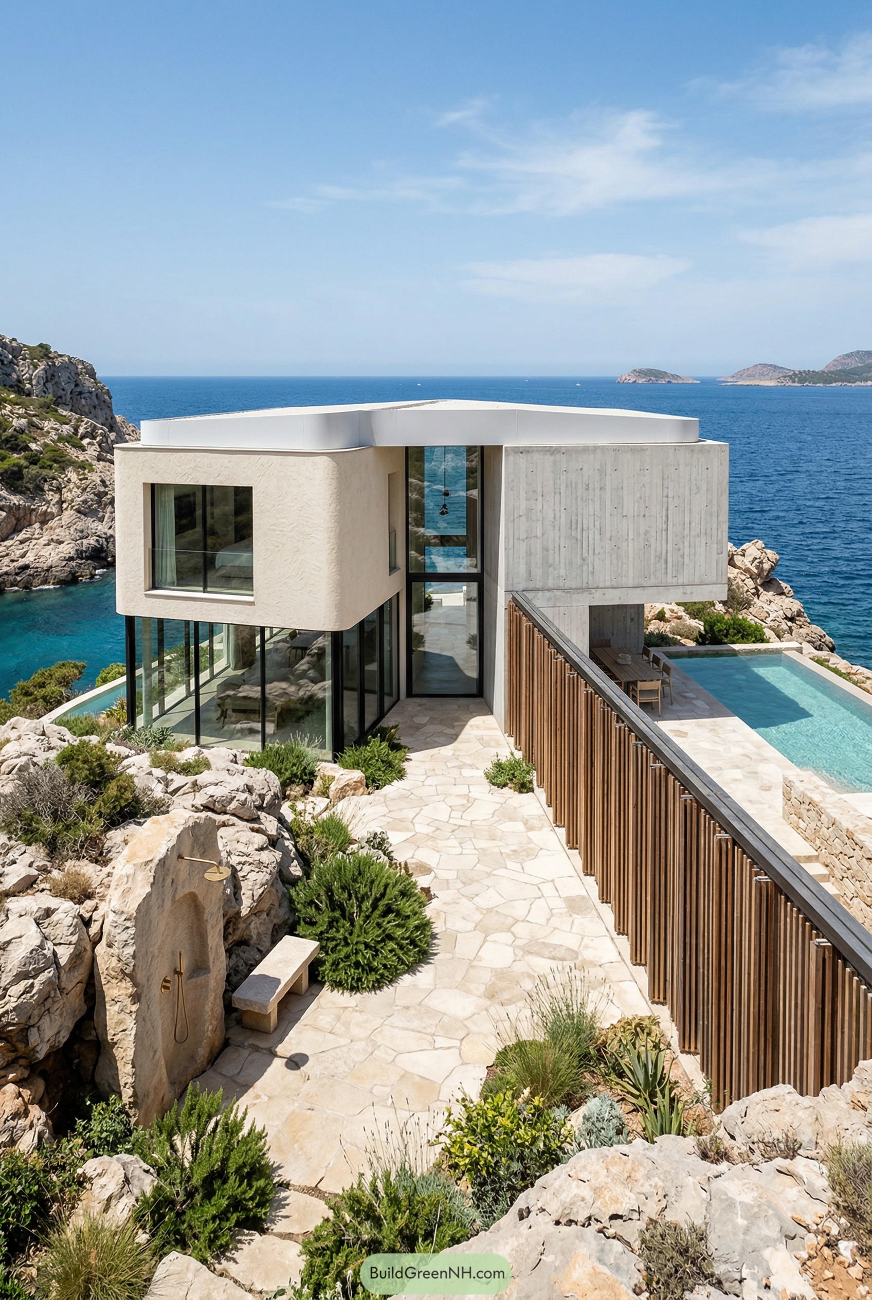 Modern cliffside villa with glass walls and pool overlooking a bright blue sea