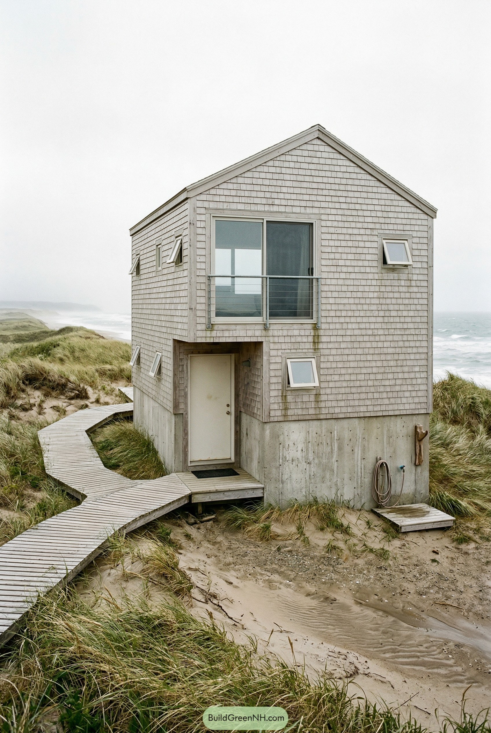 Show the entire minimalistic cottage fully in frame in a coastal dune landscape during a windy, bright overcast day; the cottage is a compact two-level volume with a very simple saltbox roof, clad in pale driftwood-gray shingles with visible nail lines, and a ground-level skirt of rough concrete to resist sand; windows include one large dune-facing pane with a minimal guardrail and several small square openings, all with soft white frames; a raised slatted walkway snakes through dunes to a recessed entry with a plain fiberglass door, and a small outdoor rinse station with a galvanized spigot sits near the side; sand has ripples and scattered beach grass, with sea mist in the distance and wind-driven movement suggested by vegetation lean. "No people, no animals, no text, strictly no collages. Make this look like a real, un-staged architectural photograph (not a render). Use coherent real-world lighting for a specific time/weather (consistent shadow direction and softness across the whole scene). Ensure physically correct grounding with strong contact shadows/ambient occlusion - nothing floating. Add natural "life noise": subtle wear and imperfections (light grime streaks, small scuffs, uneven paint/wood grain variation, slight material warping), and realistic environmental randomness (irregular vegetation density, mixed species, messy edges, footprints/mud/snow variation, small clutter). Glass must behave realistically (balanced reflections + interior visibility, mild glare hotspots, slight condensation if cold). Avoid perfect symmetry and "hero shot" staging; use slightly off-center human framing. Add subtle camera characteristics: realistic dynamic range (no HDR look), mild depth of field, slight vignetting, gentle film grain, natural color."