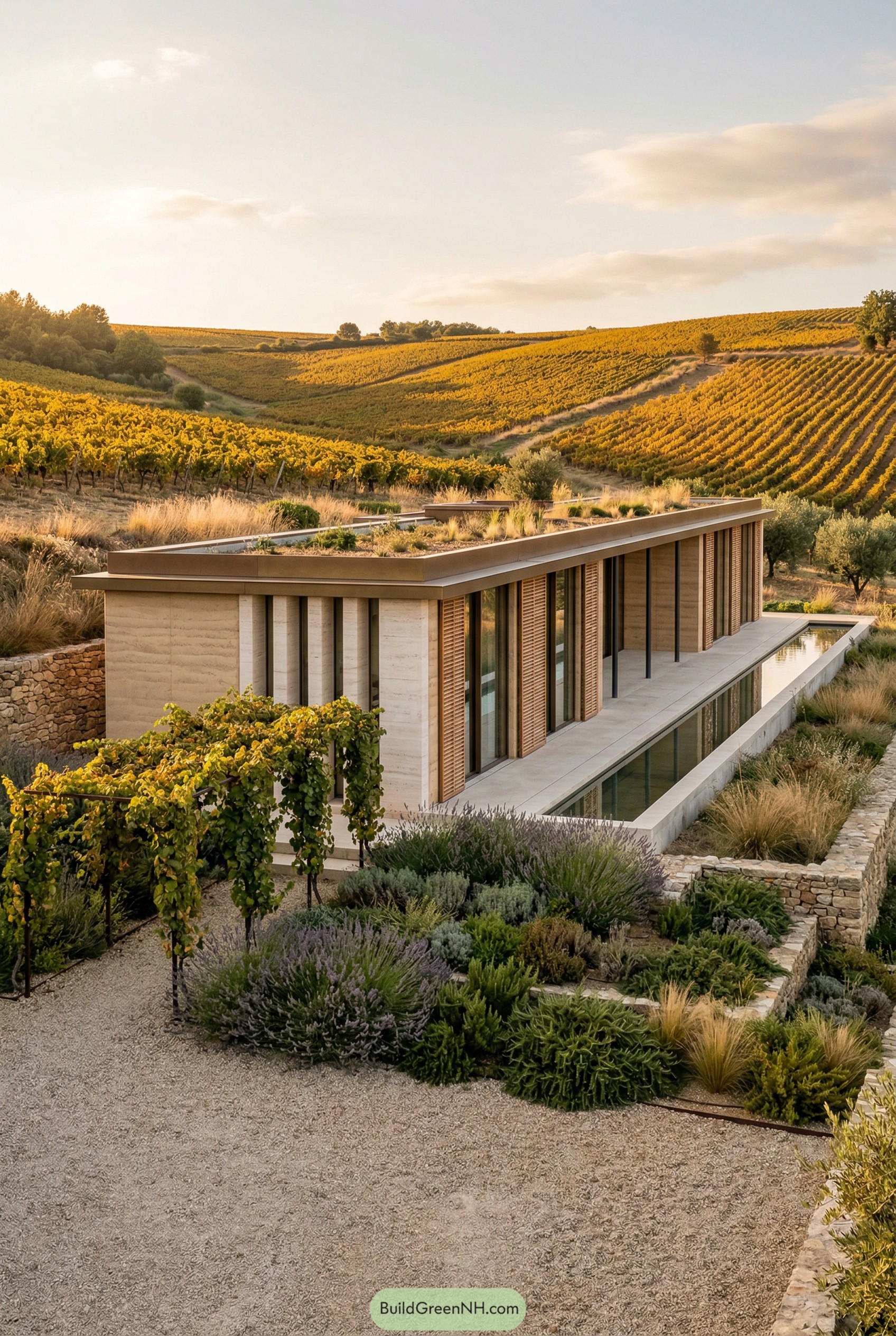Modern single level villa with green roof and lap pool set in terraced vineyards