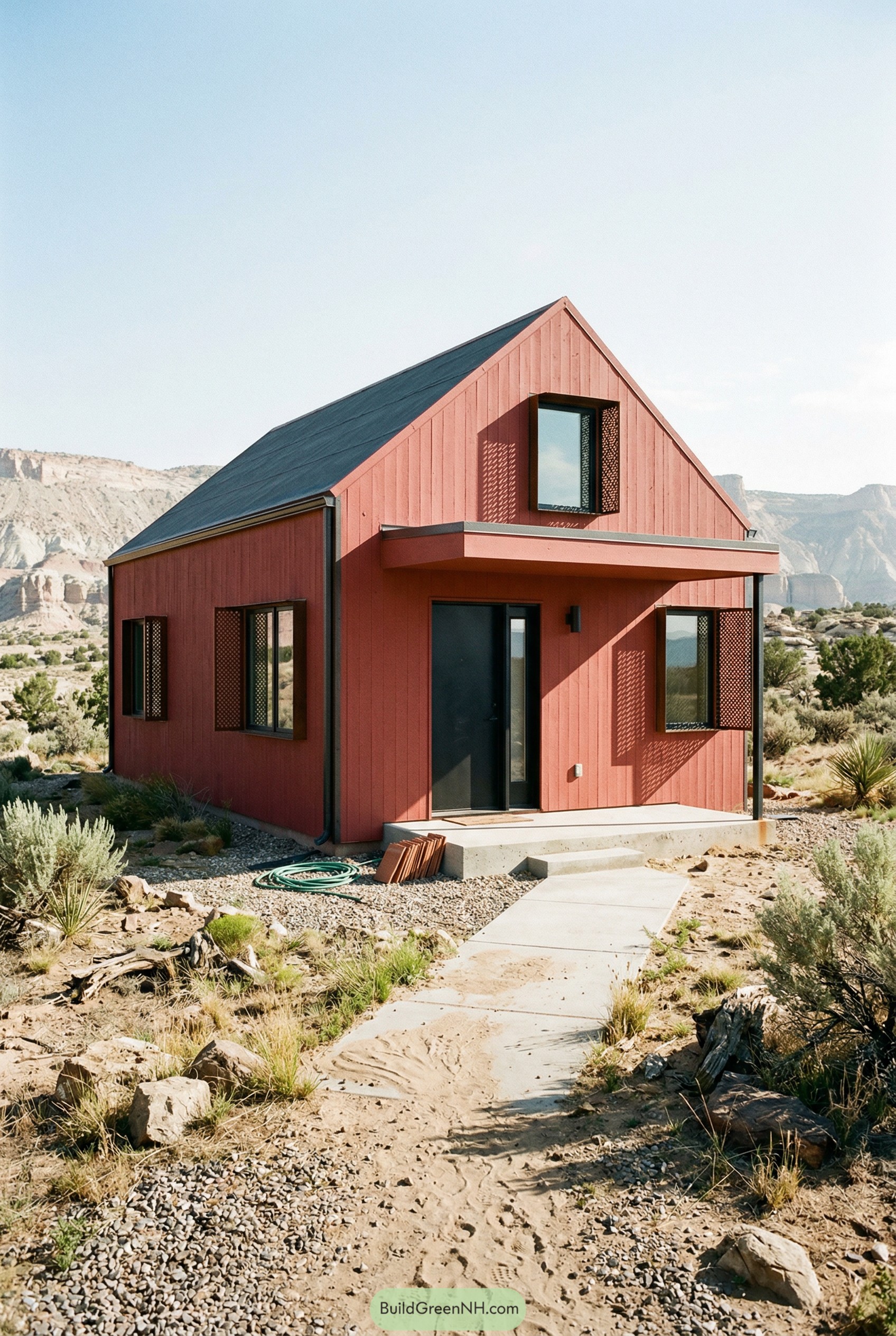 Show the whole red modern cottage house in a quiet desert highland setting, framed from a slight diagonal with the structure fully in view against pale mesas; the cottage form is modernized with a clipped gable and a flat-roofed porch volume, all in dusty red mineral-painted wood with black steel corner trims and a dark membrane roof; windows are deep-set with black frames and exterior perforated metal screens casting patterned shadows; a concrete walkway with windblown sand drifts leads to a black door with a narrow vertical sidelight; late-morning hard sun, sharp consistent shadows, heat shimmer in the distance, xeriscape landscaping with irregular gravel, hardy shrubs, scattered rocks, a forgotten hose loop and a small stack of spare tiles near the porch. No people, no animals, no text, strictly no collages. Make this look like a real, un-staged architectural photograph (not a render). Use coherent real-world lighting for a specific time/weather (consistent shadow direction and softness across the whole scene). Ensure physically correct grounding with strong contact shadows/ambient occlusion - nothing floating. Add natural realistic environmental randomness (irregular vegetation density, mixed species, messy edges, footprints/mud/snow variation, small clutter). Glass must behave realistically (balanced reflections + interior visibility, mild glare hotspots, slight condensation if cold). Avoid perfect symmetry and "hero shot" staging; use slightly off-center human framing. Add subtle camera characteristics: realistic dynamic range (no HDR look), mild depth of field, slight vignetting, gentle film grain, natural color.