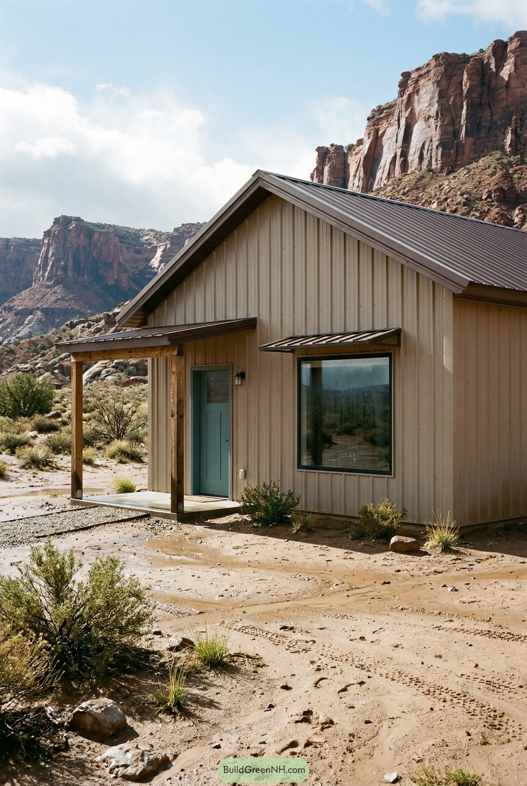 Small metal-sided barndominium beside red cliffs
