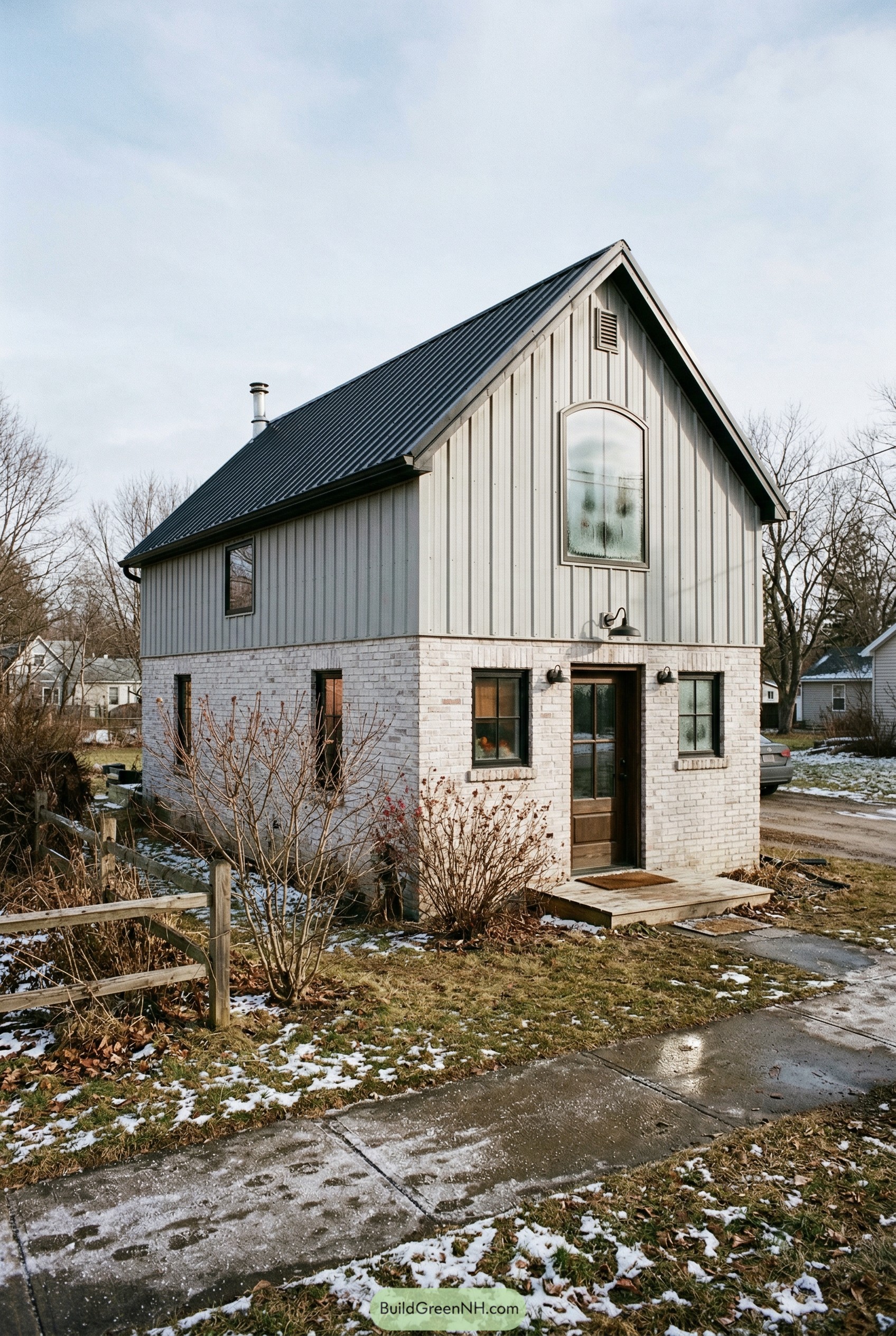 Small two story barn home with white brick and black roof