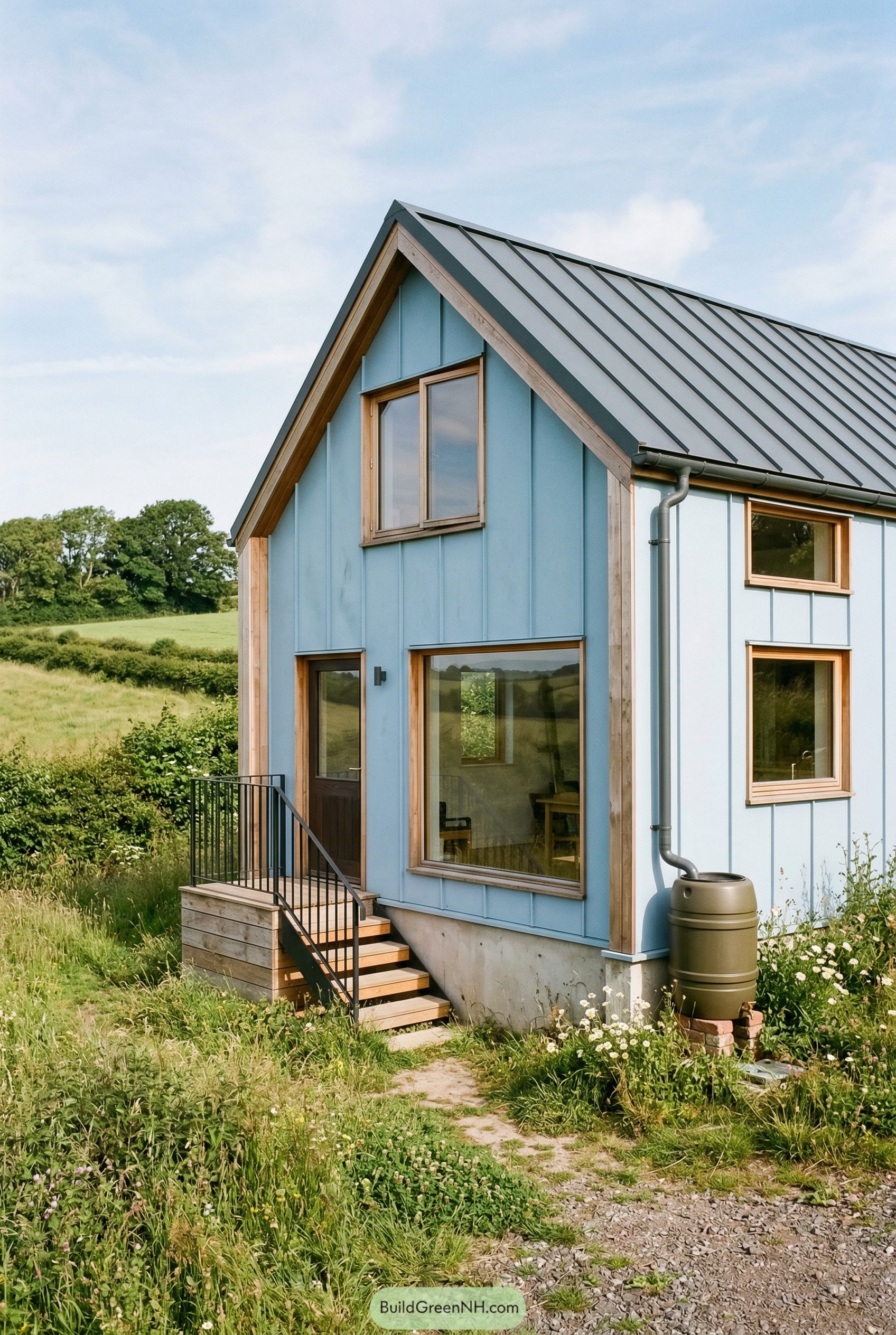 Blue barndominium with steep metal gable roof