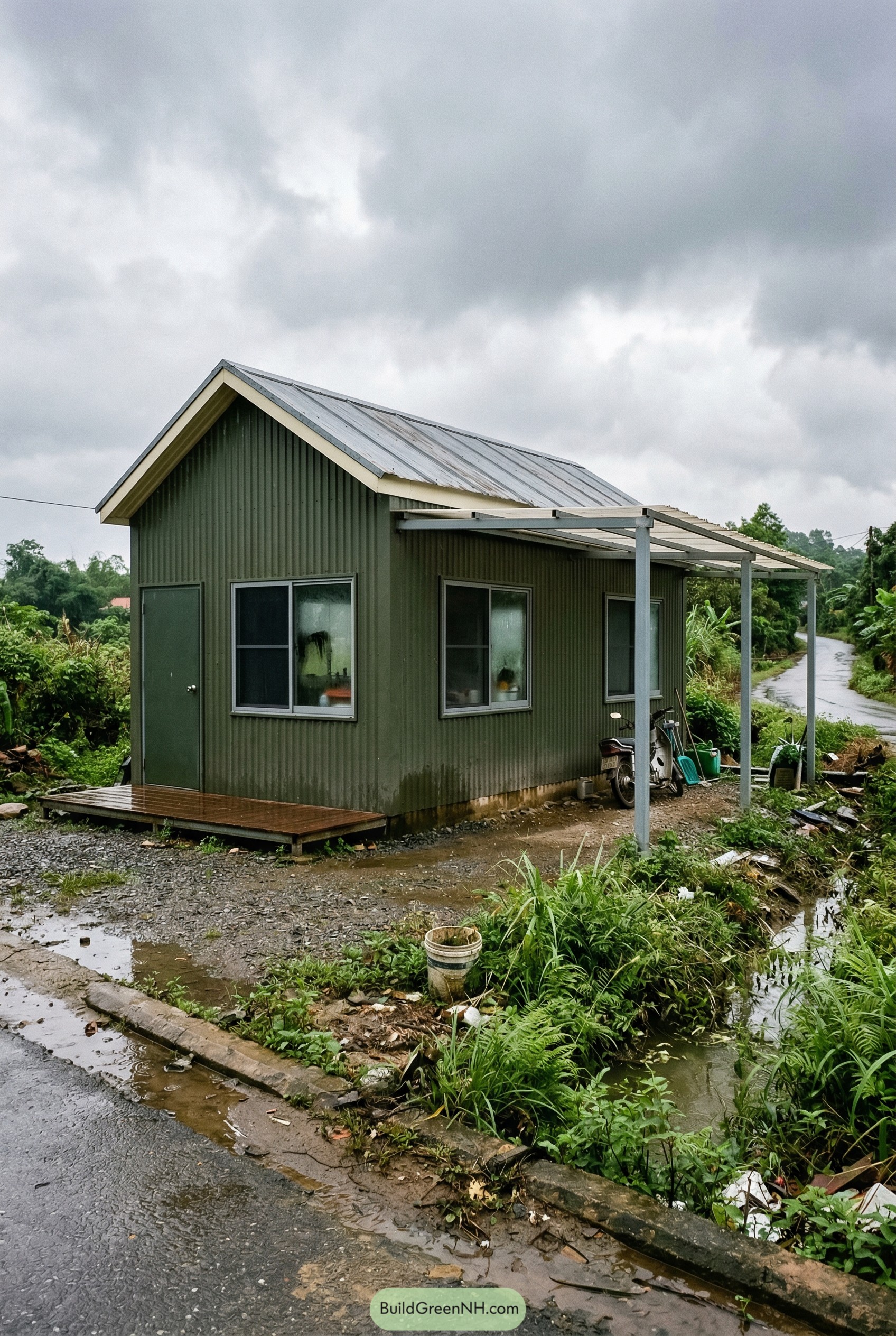 Small green corrugated house with gable roof and side canopy