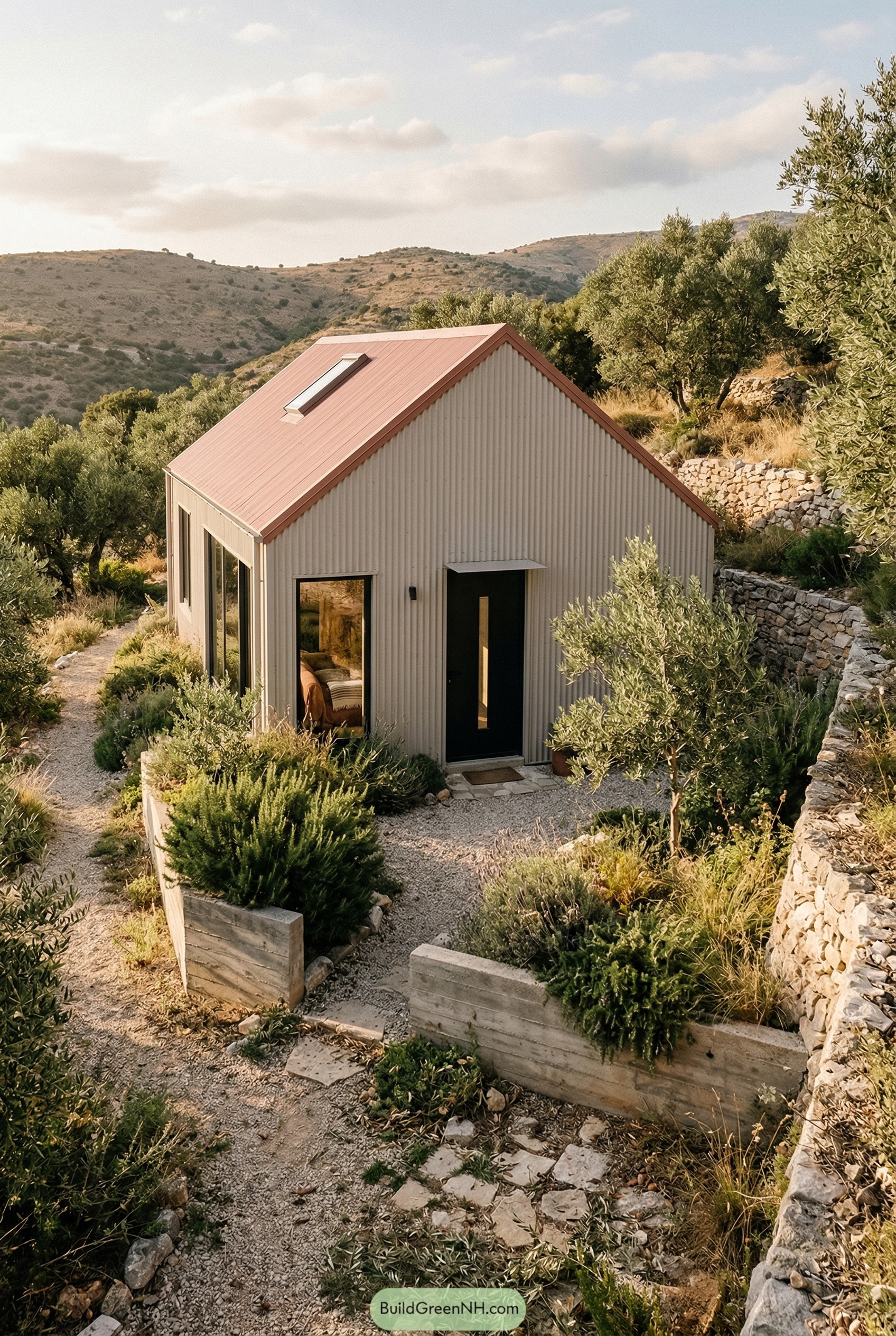 Small barndominium on an olive hillside
