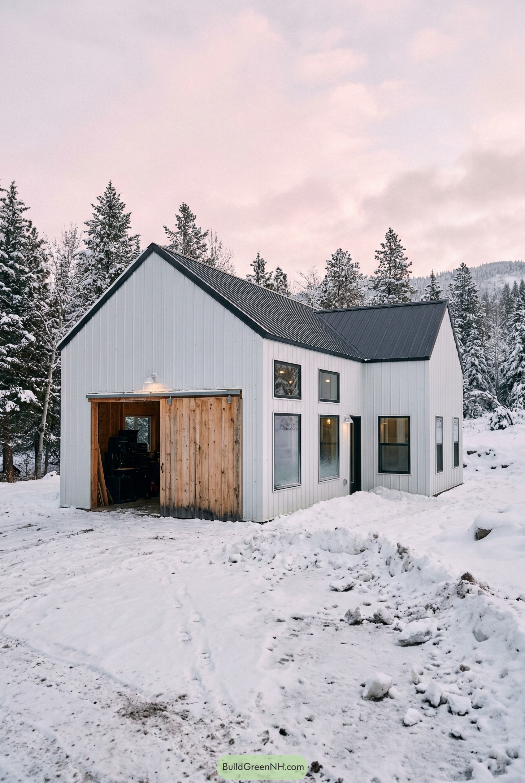 White barndominium with black roof in snow