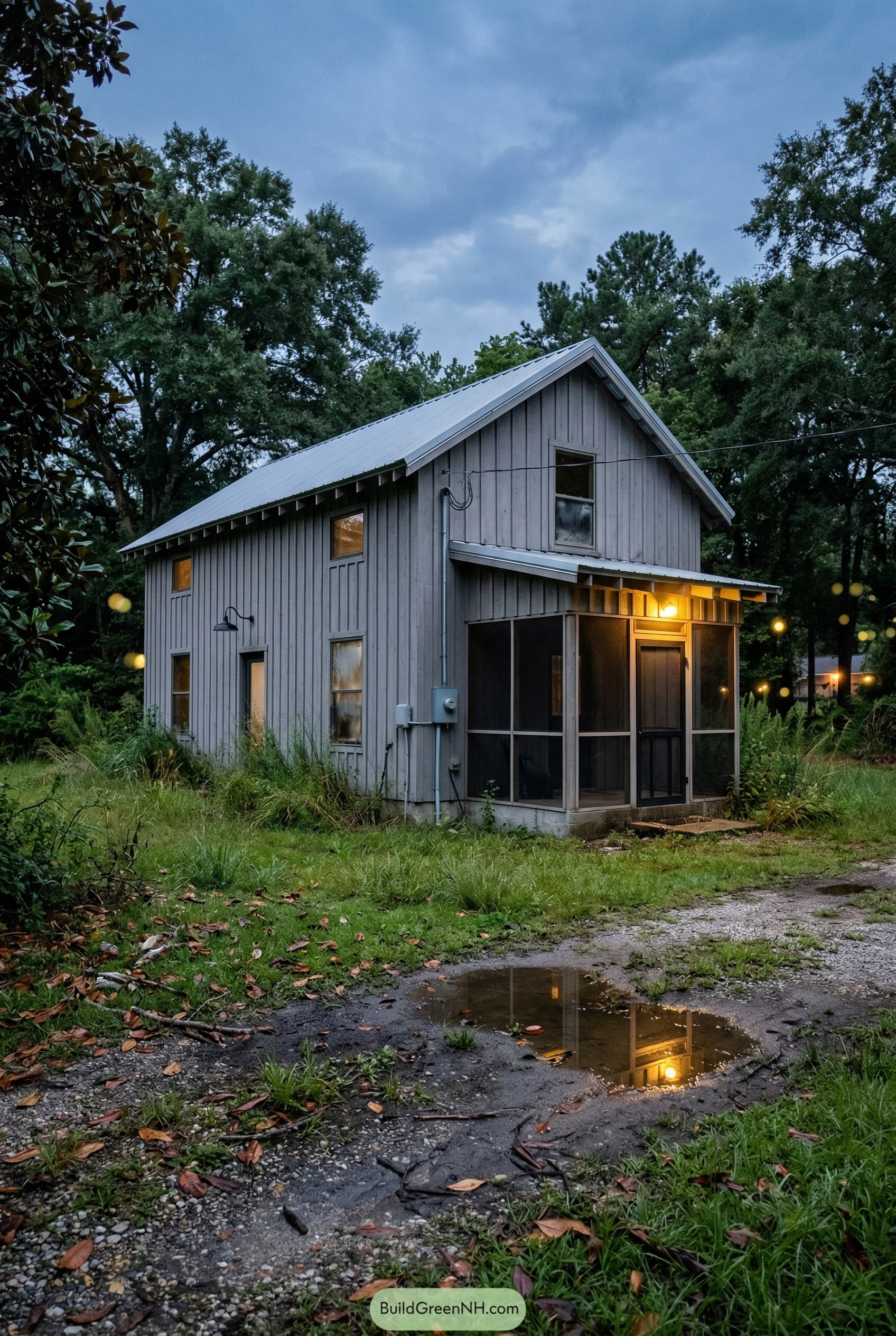 Gray two story barndominium with screened porch
