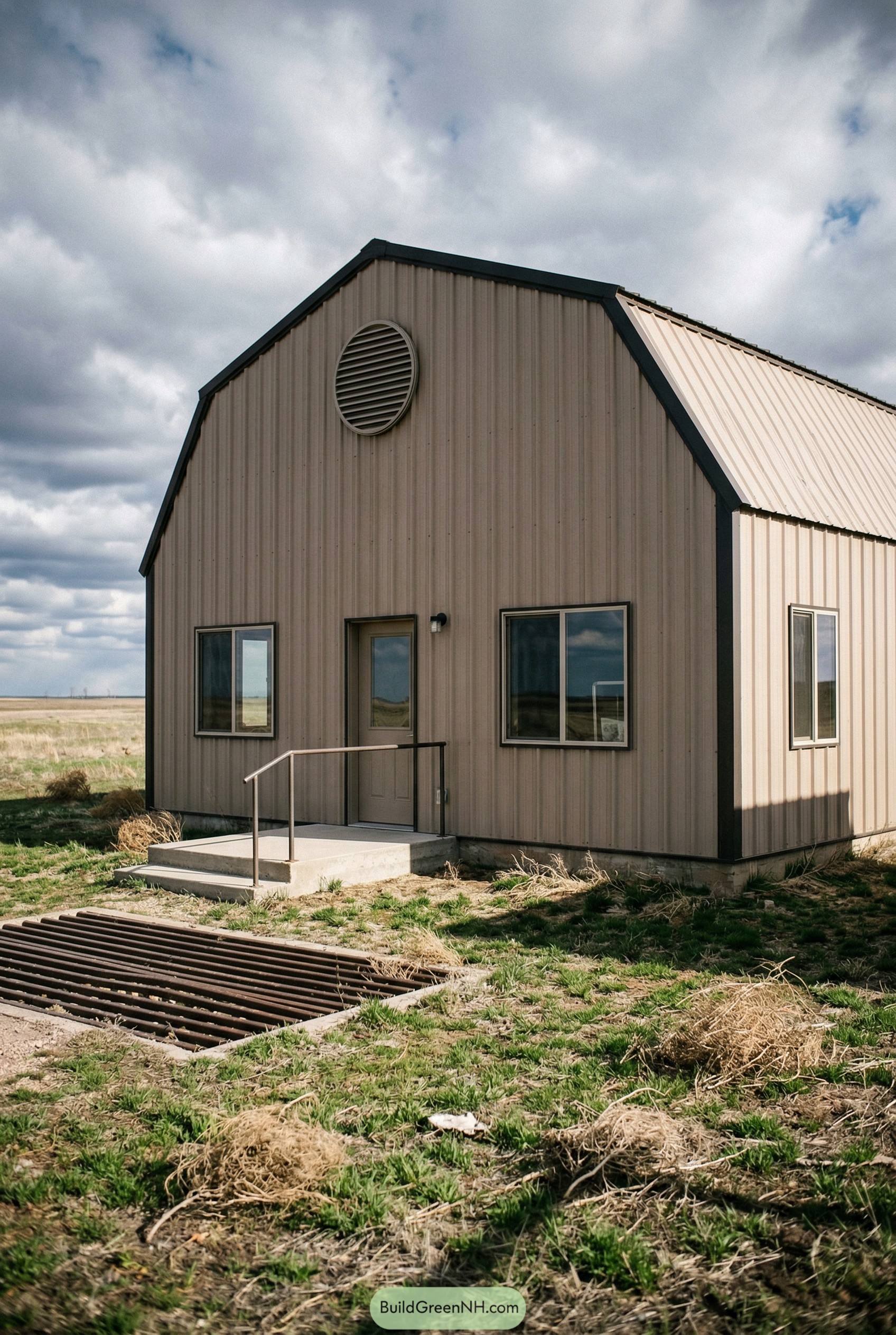Small beige gambrel barndominium on open prairie
