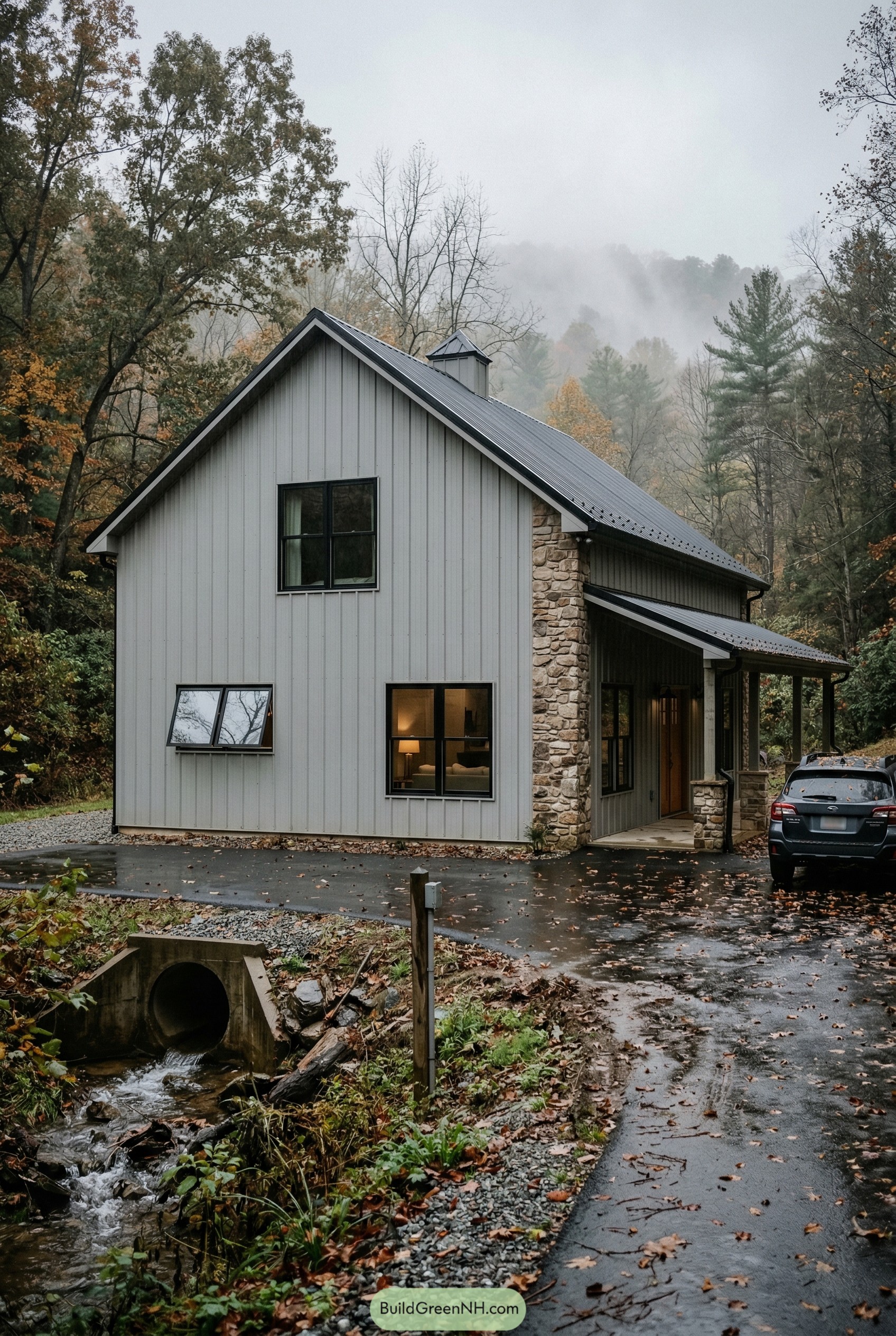 Gray gabled barndominium with stone chimney and covered porch