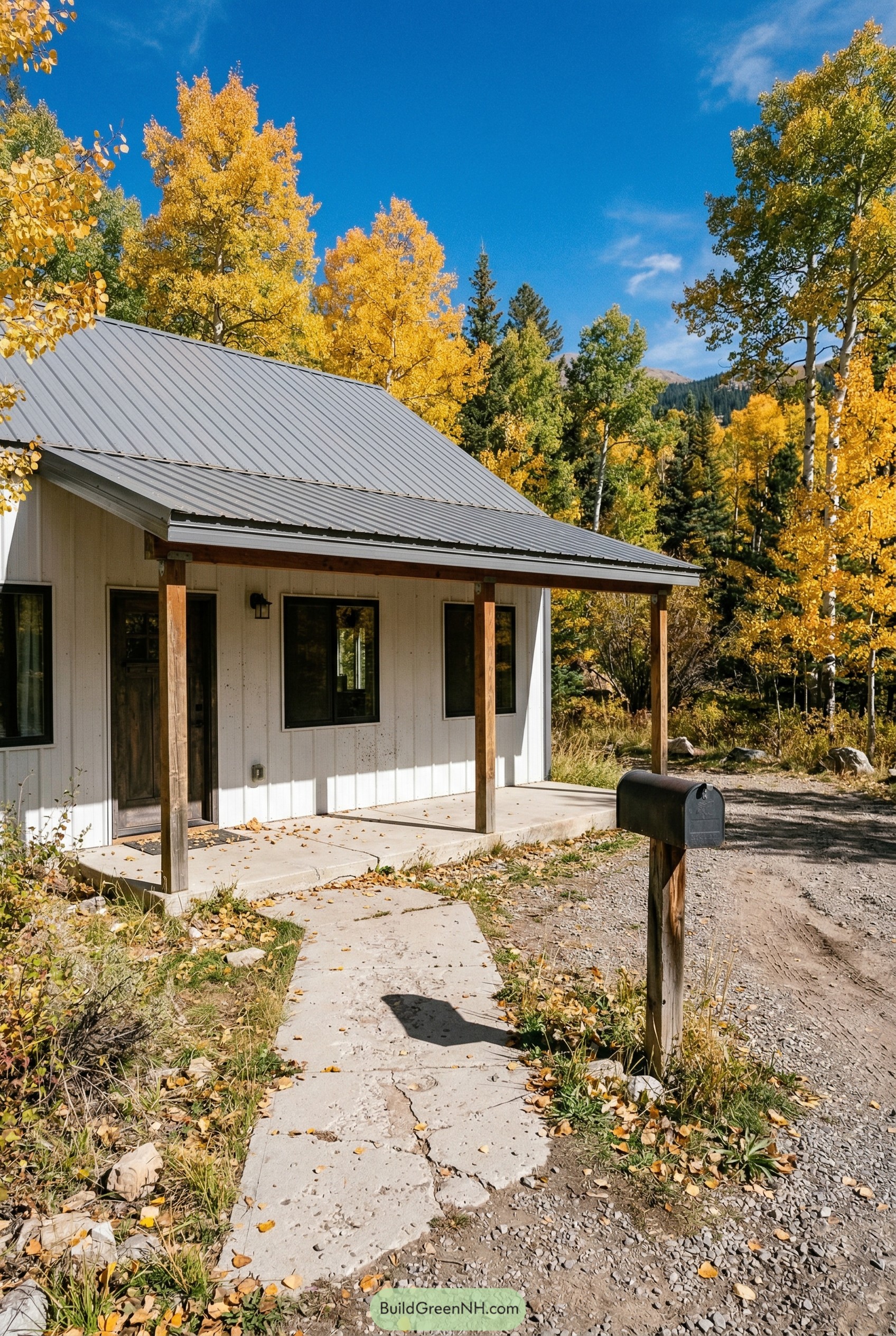 White barndominium with metal roof and covered porch among autumn aspens