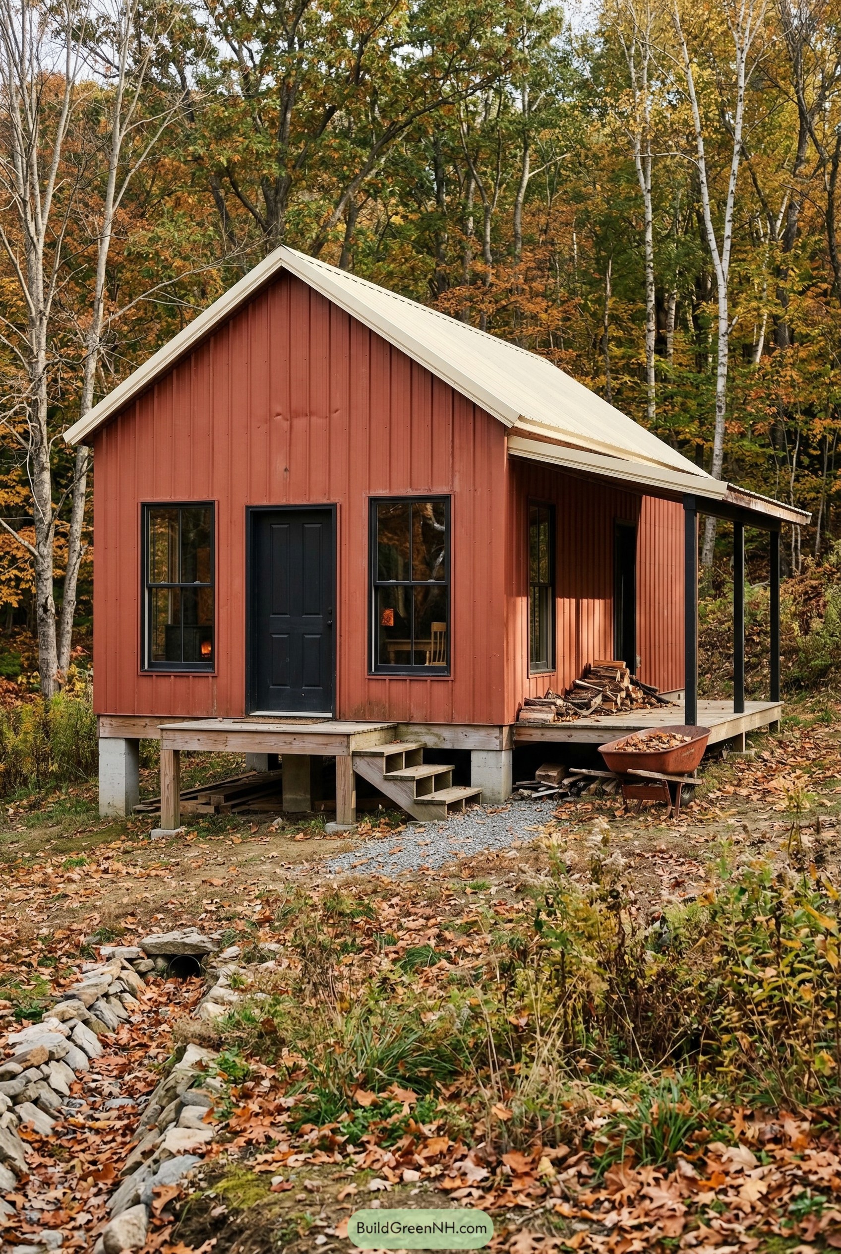 Small rust red cabin with side porch in autumn woods