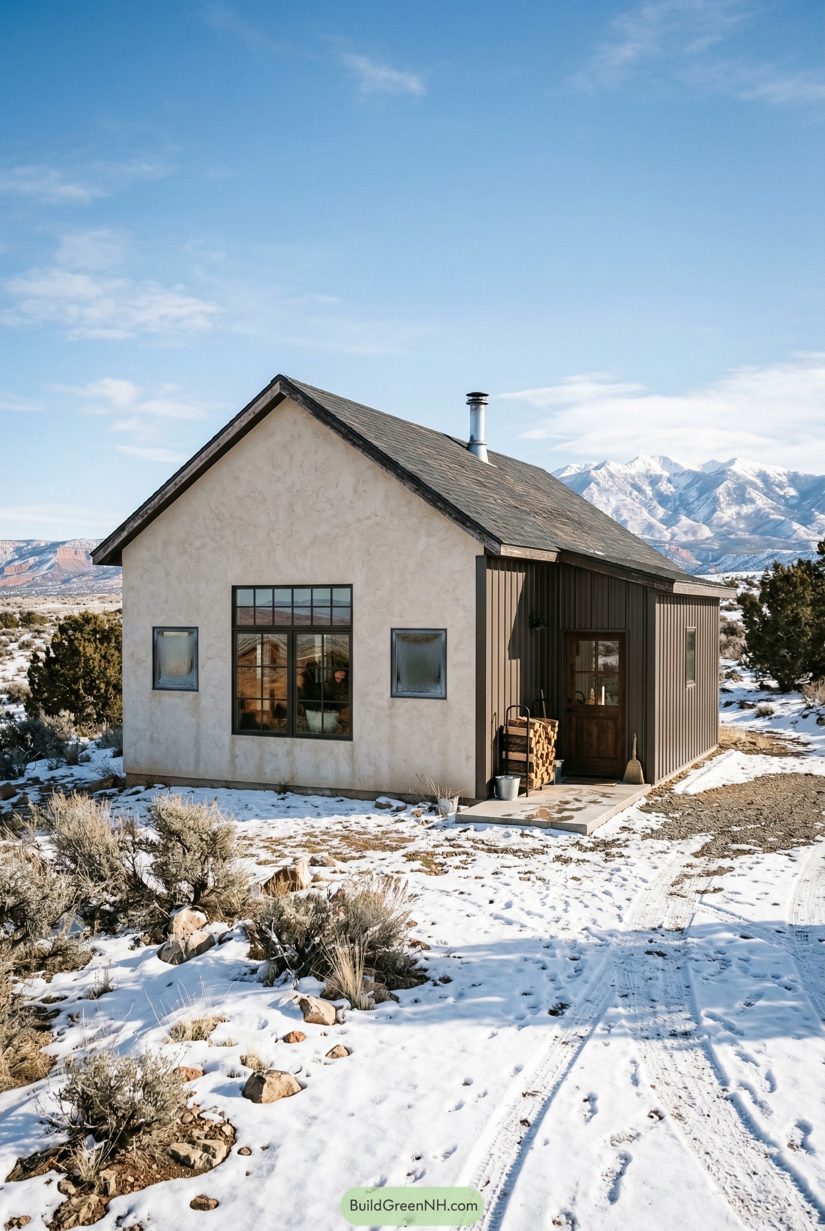 Small gabled barndominium with stucco front in snow