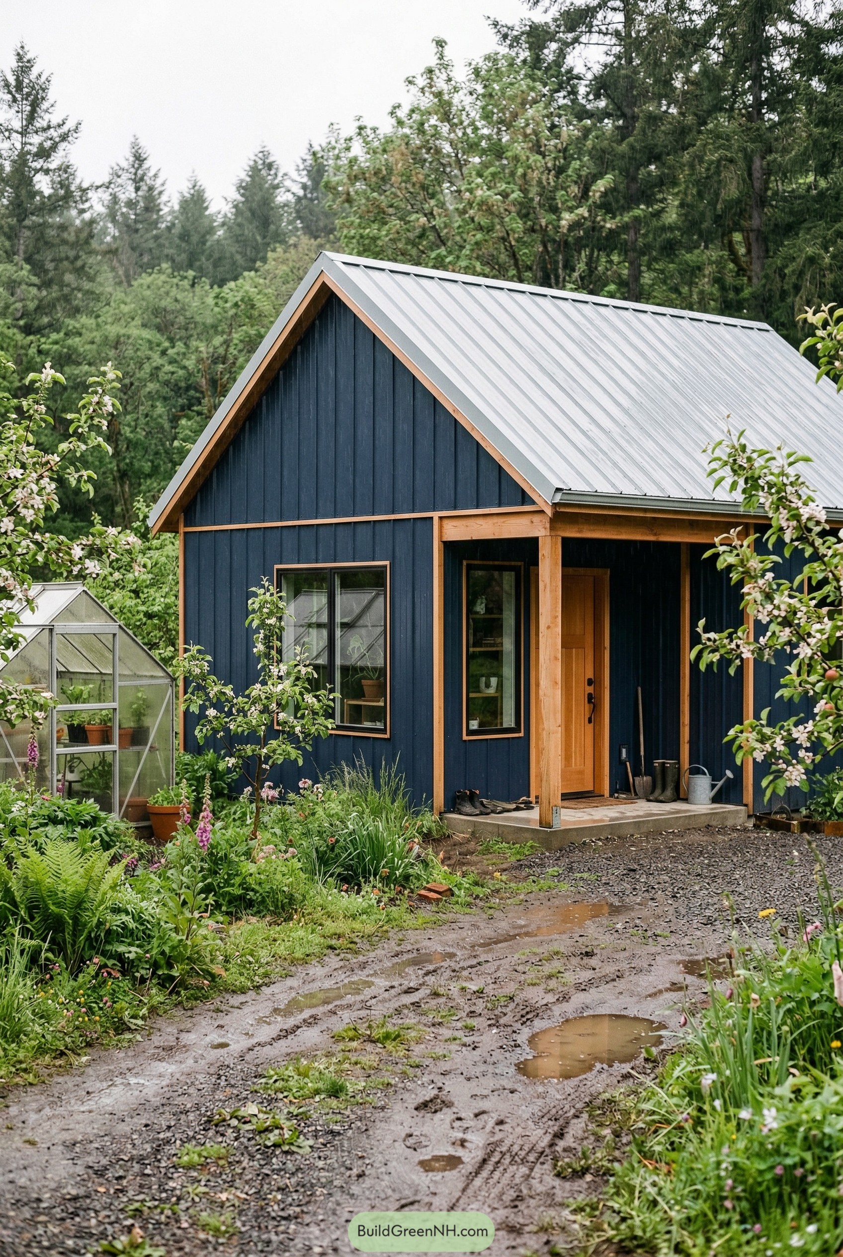 Blue barndominium with porch and greenhouse