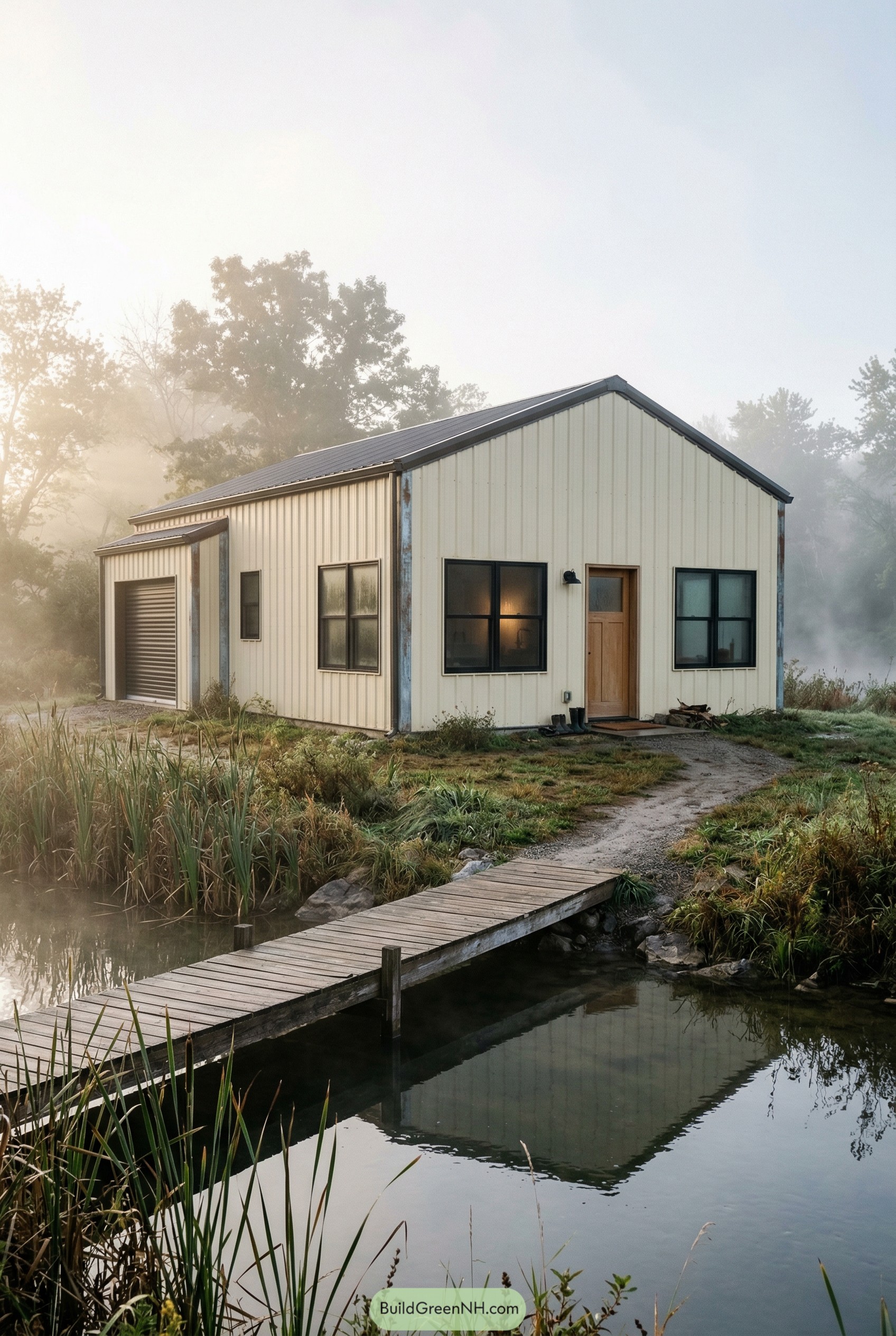 Small cream barndominium beside a pond