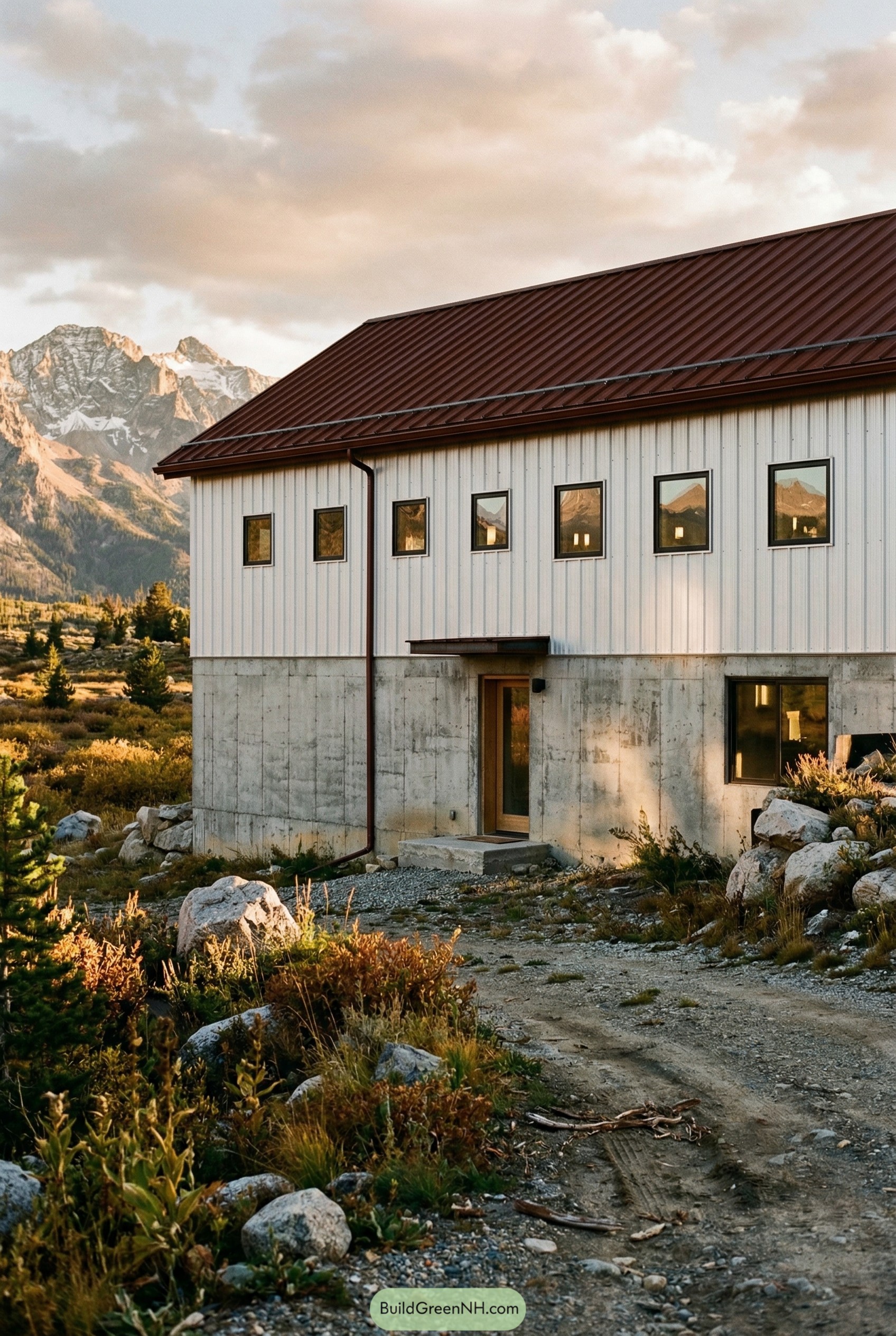 White barndominium with red roof by mountains