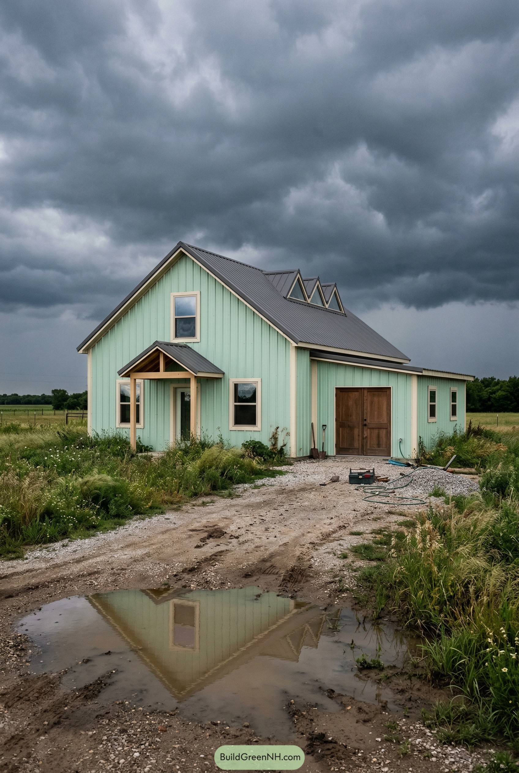 Mint green barndominium with stormy sky