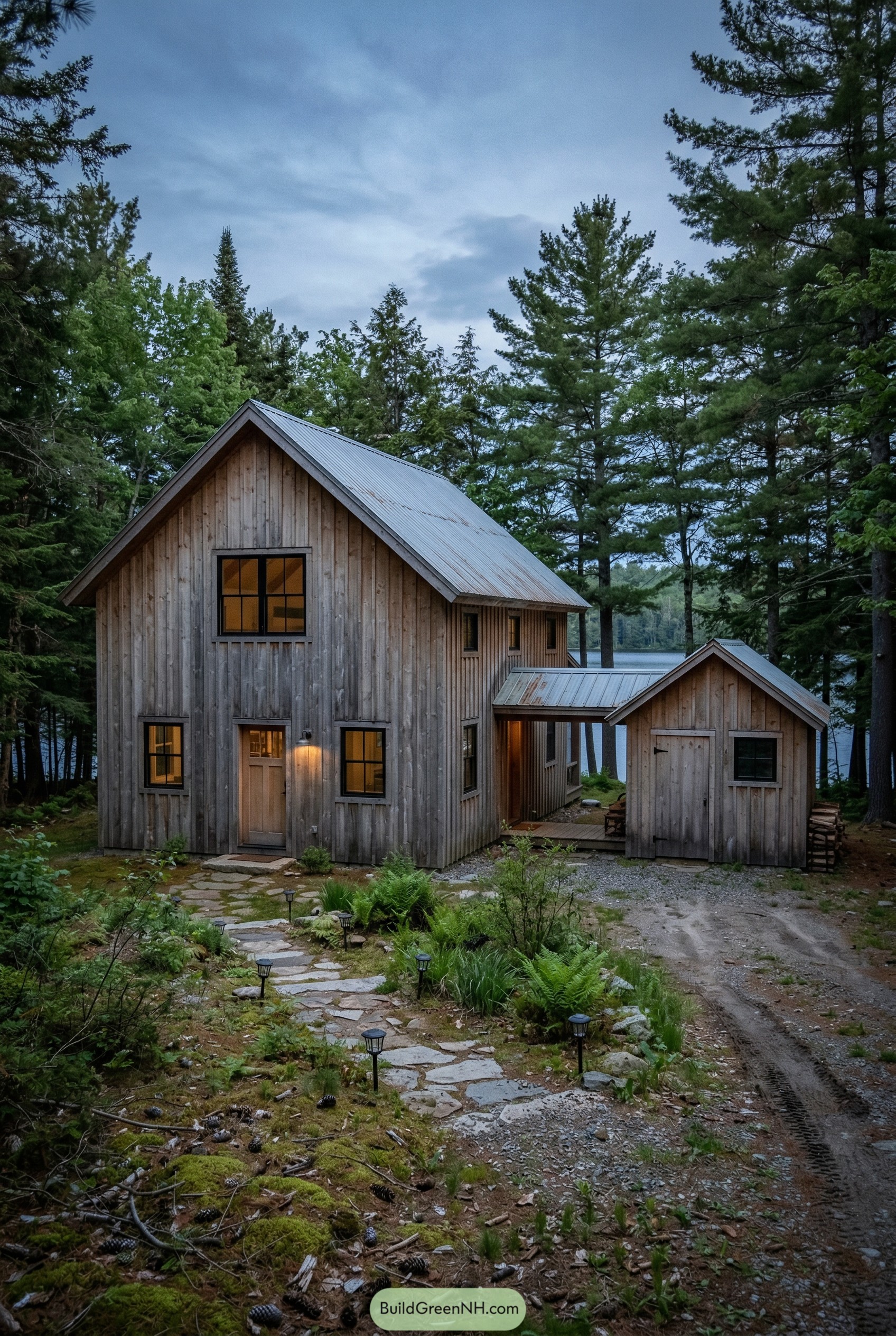 Wood barndominium with connected shed by a lake