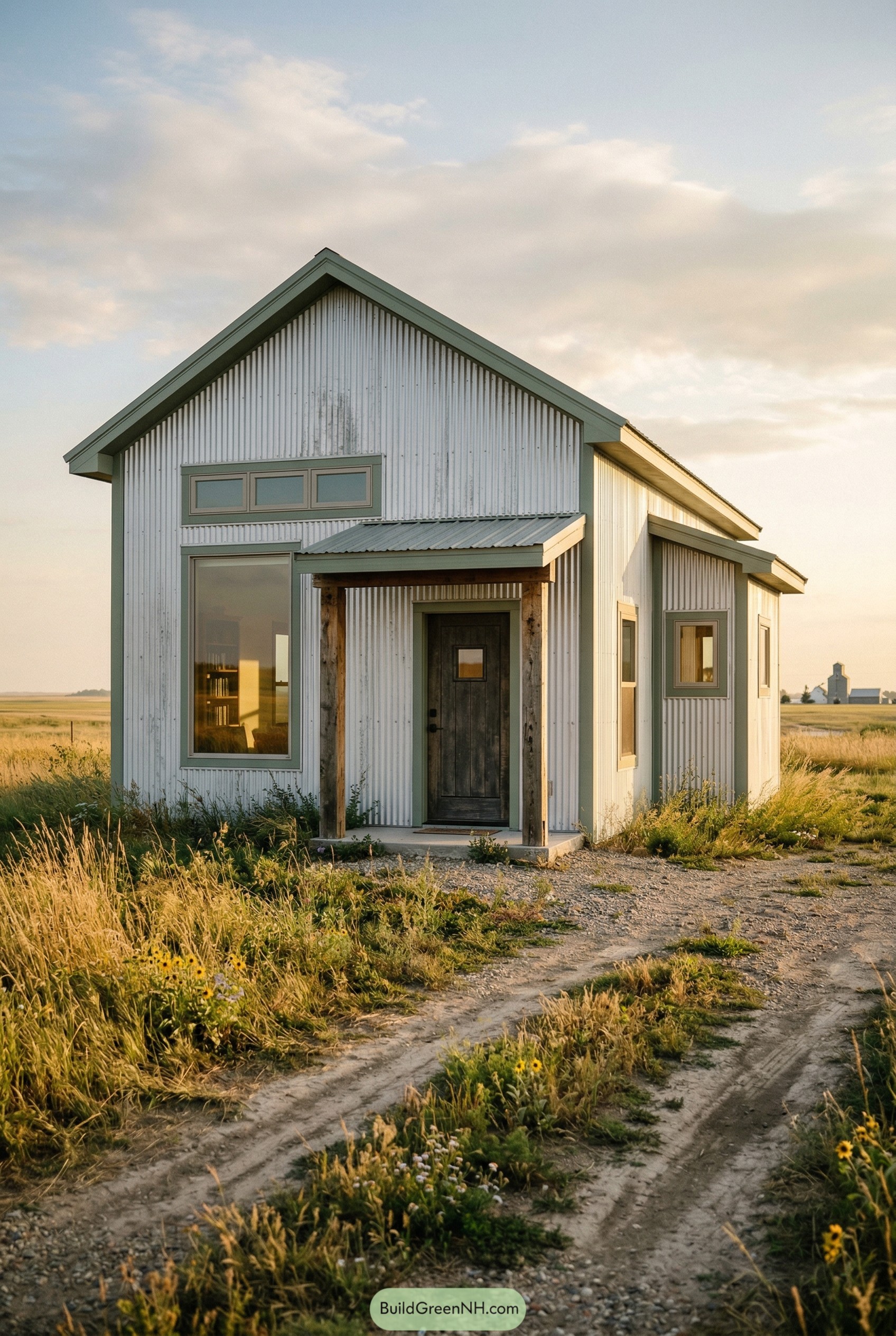Small corrugated metal barndominium with gable roof