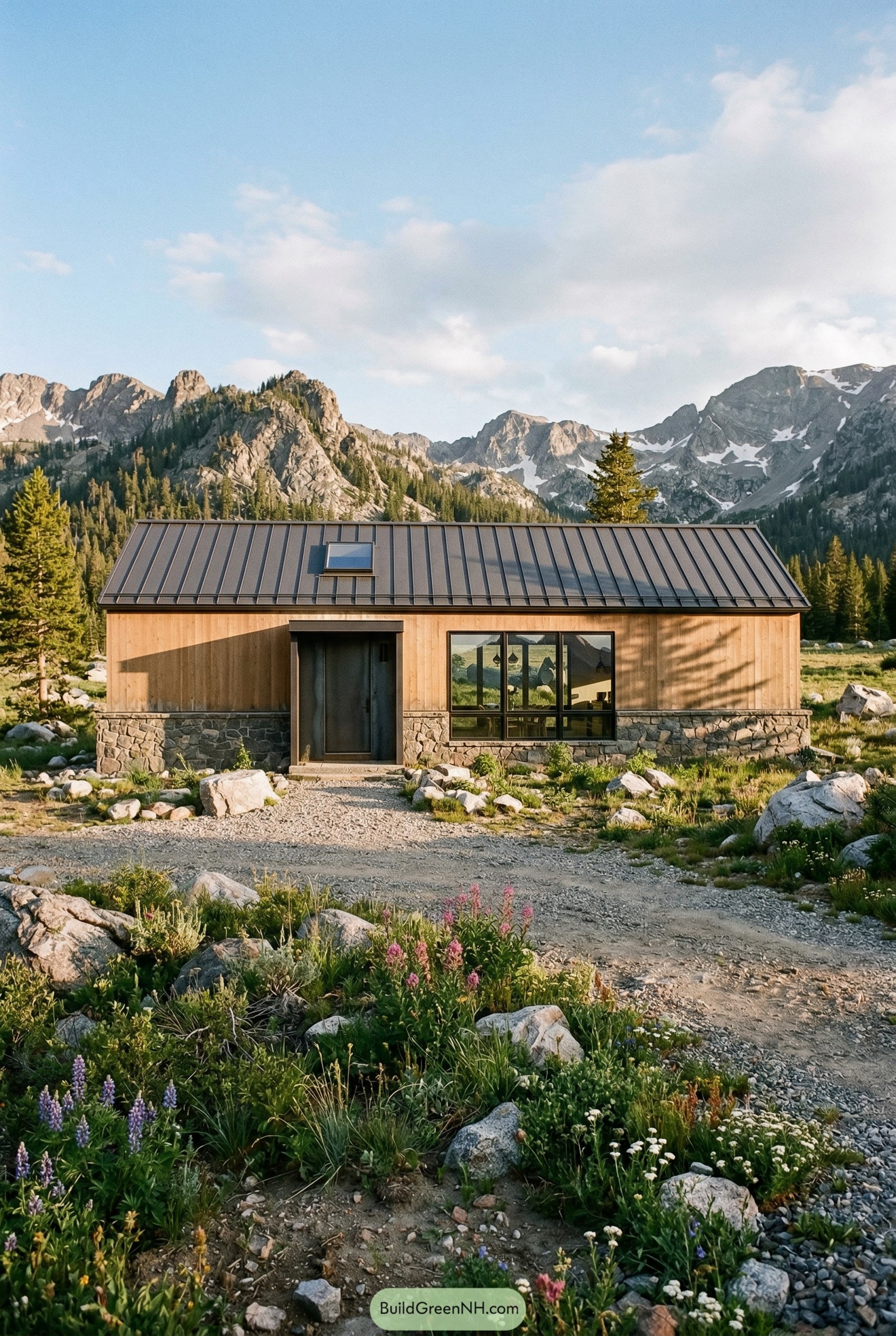 Modern wood ranch house with metal roof in mountain meadow