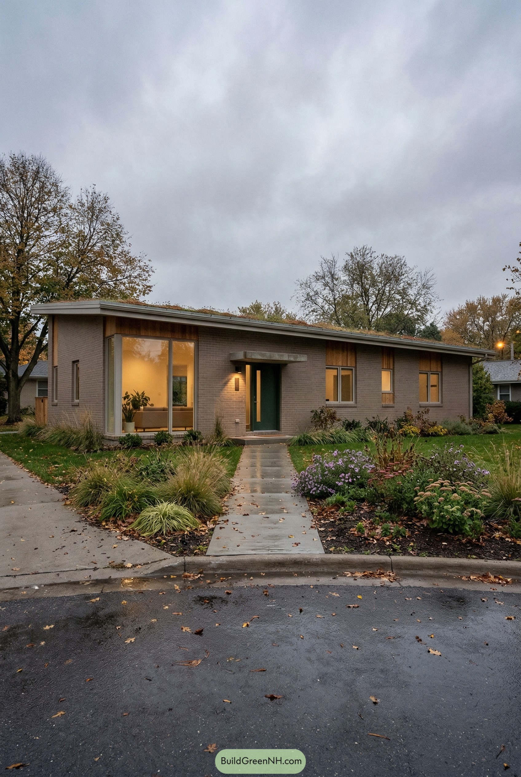 Modern low brick ranch with corner window