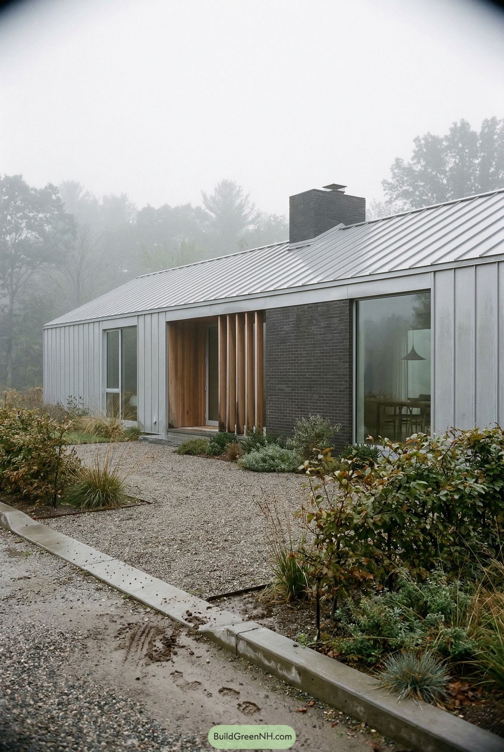 Modern ranch house with metal roof and brick chimney