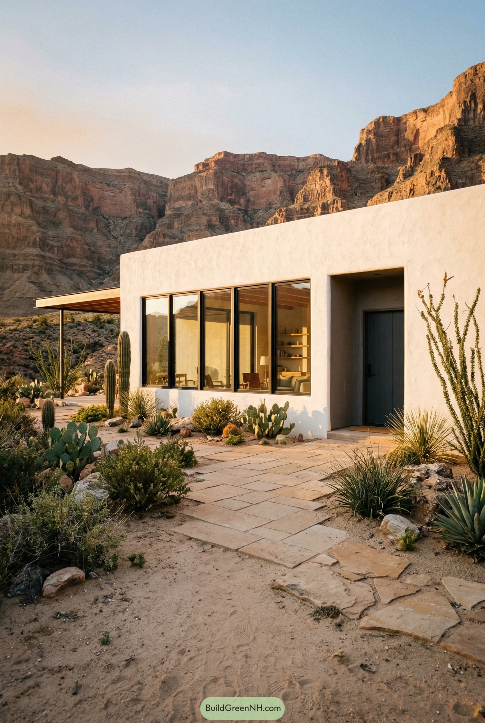 White stucco ranch house in desert canyon
