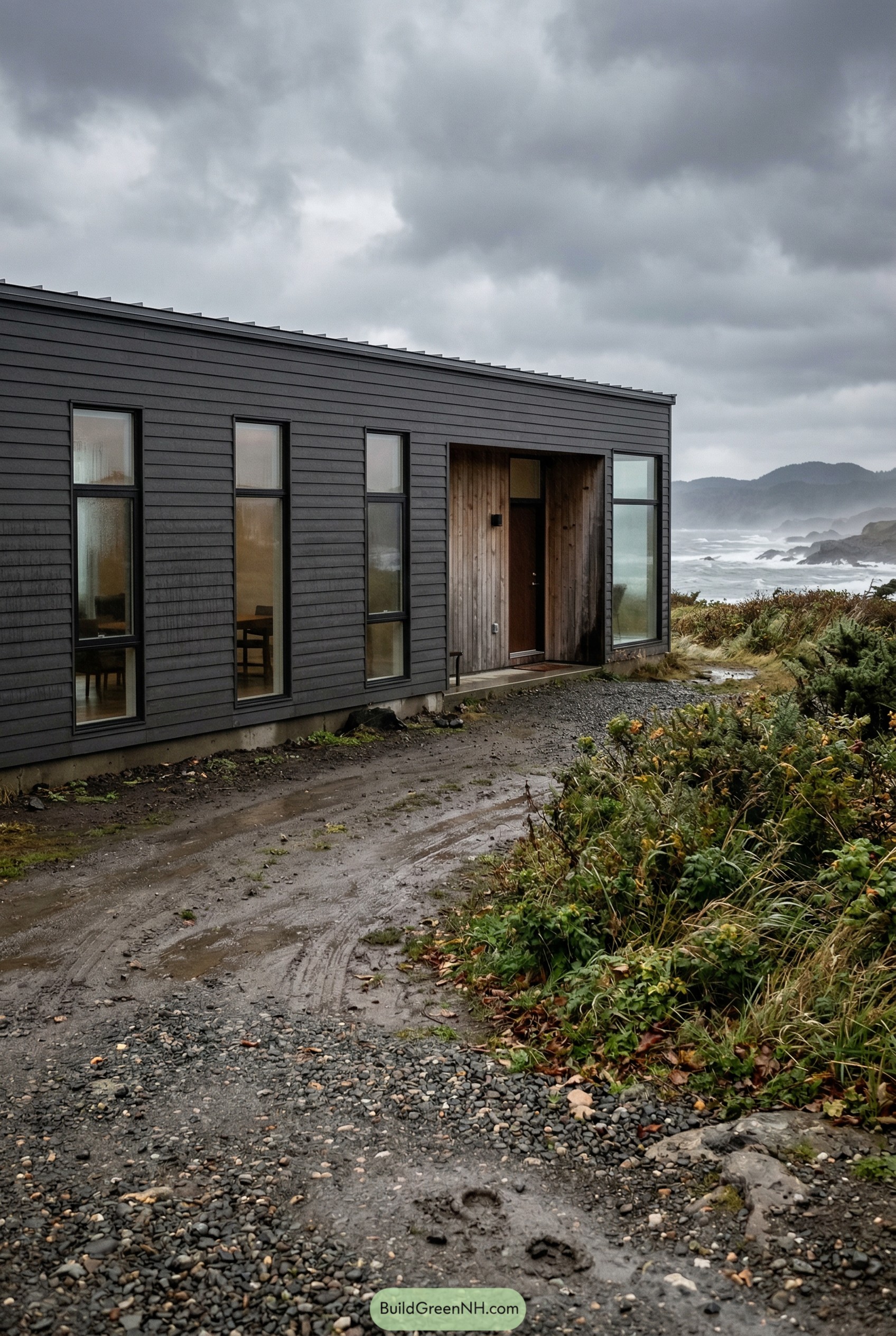 Dark modern ranch with recessed wood entry by the coast