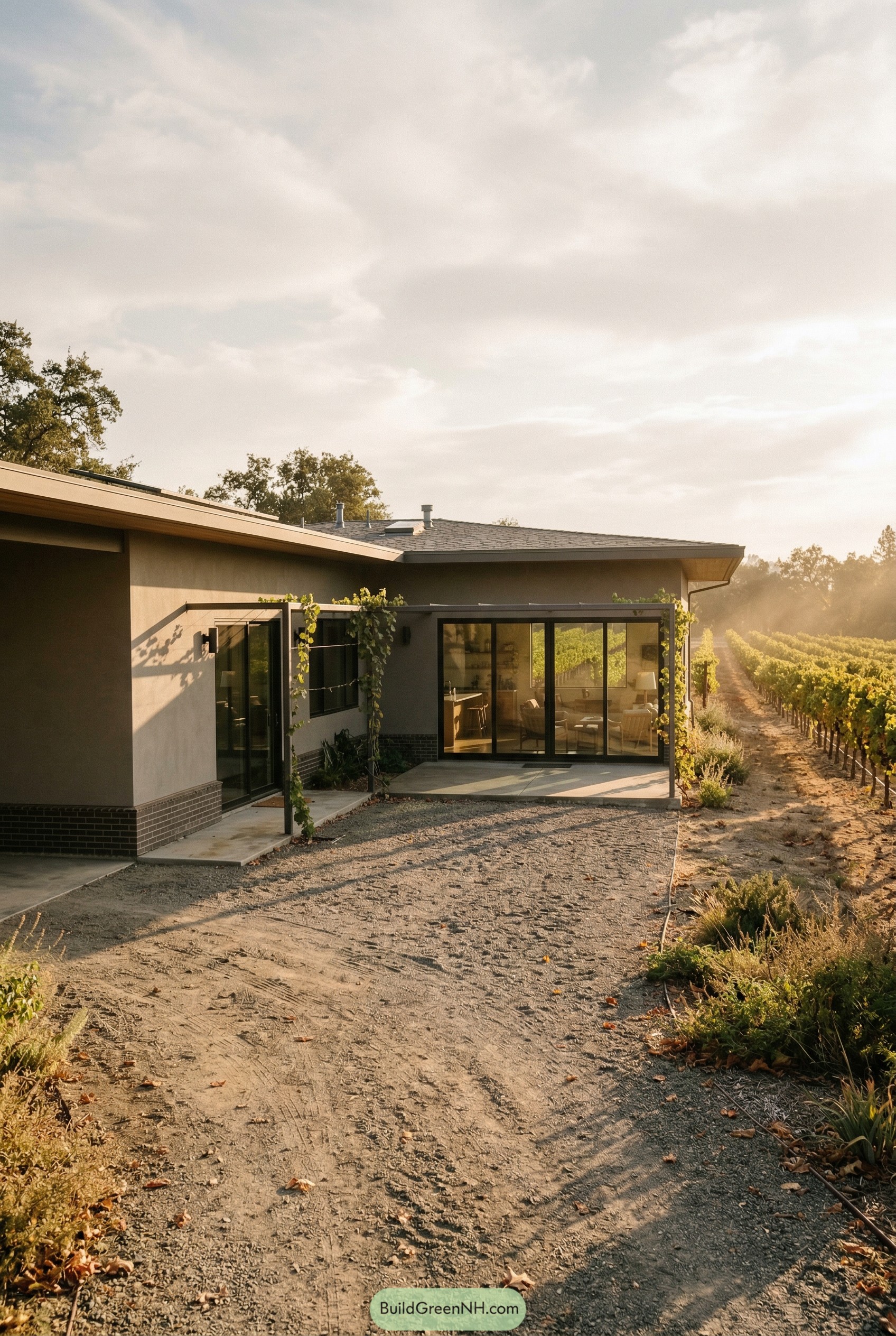 Modern ranch house beside vineyard rows