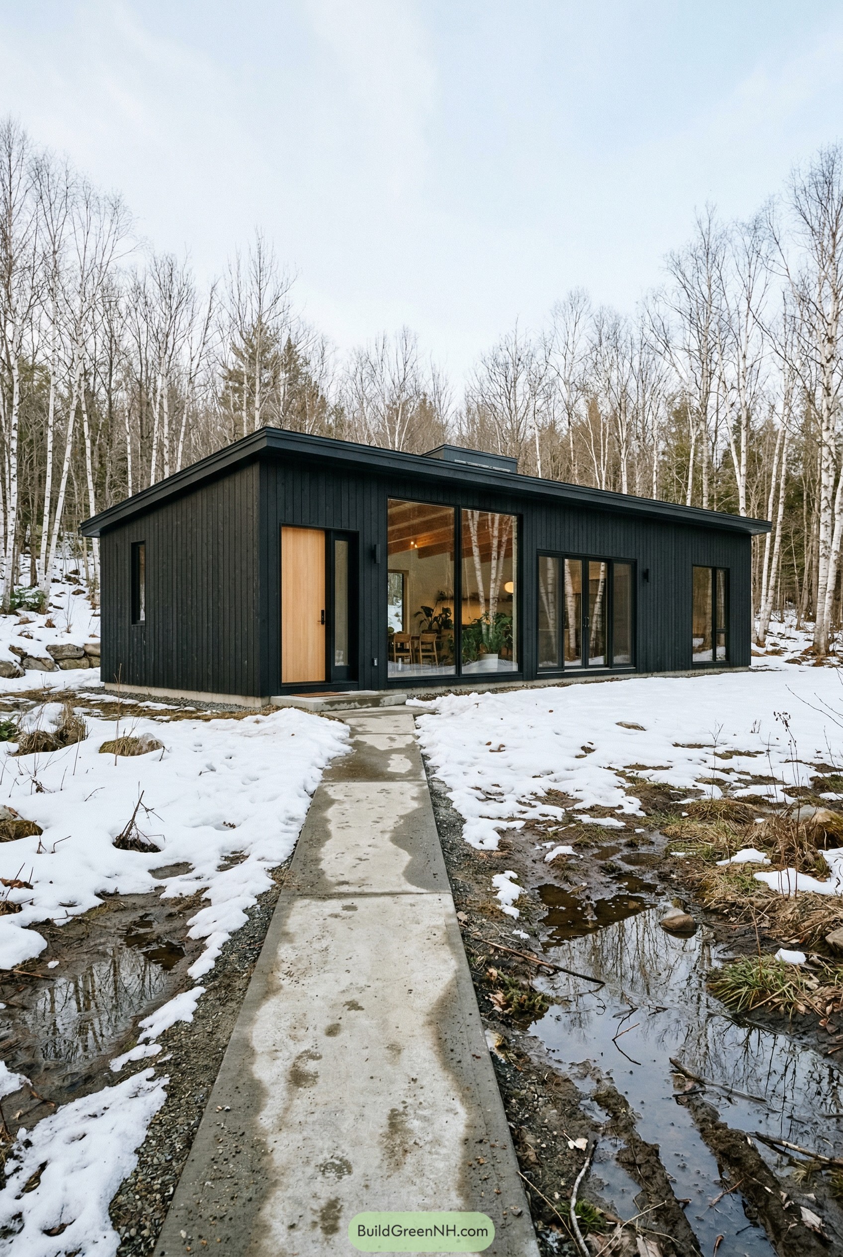 Black modern ranch with large windows in snowy birch woods