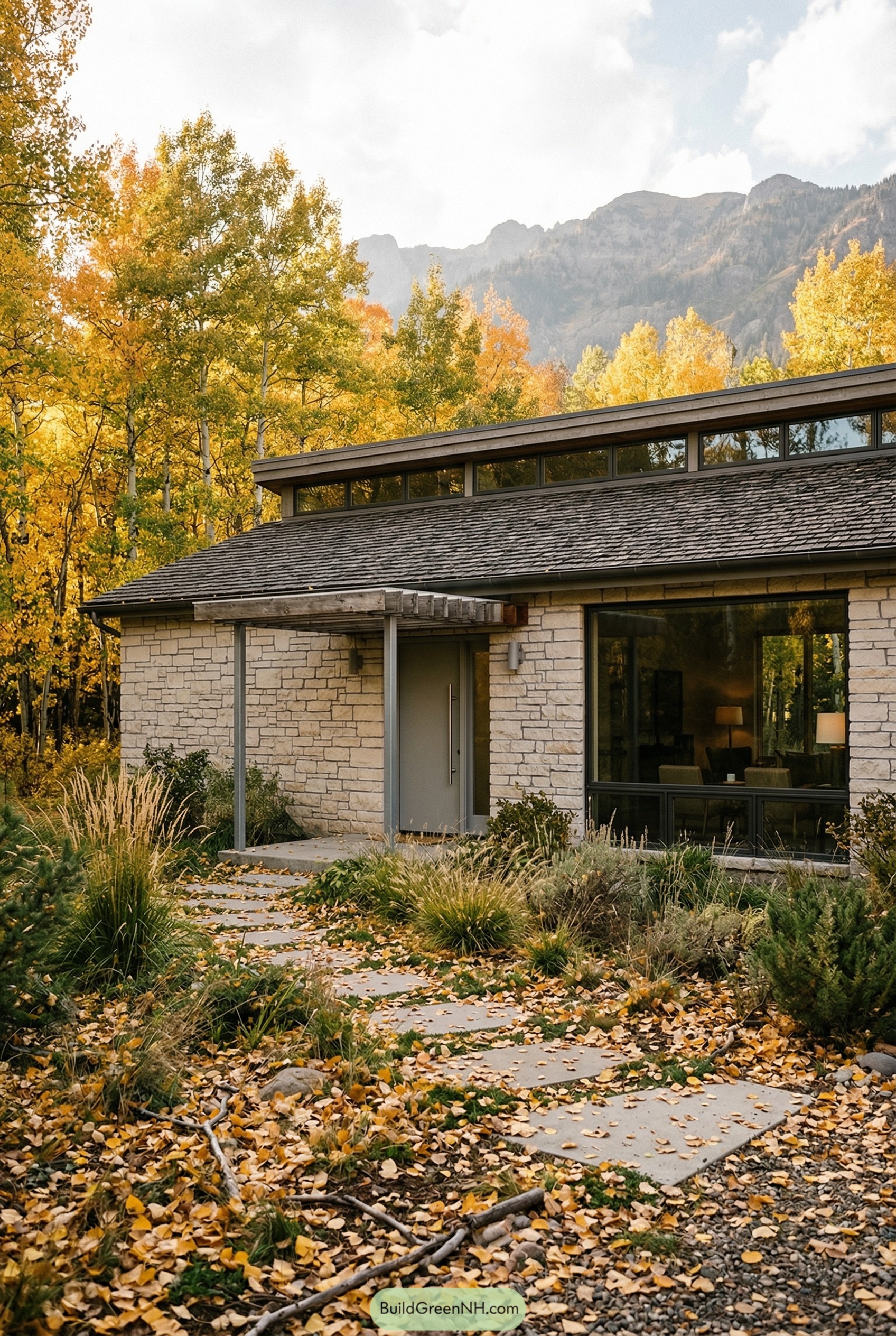Modern stone ranch with clerestory windows and autumn trees