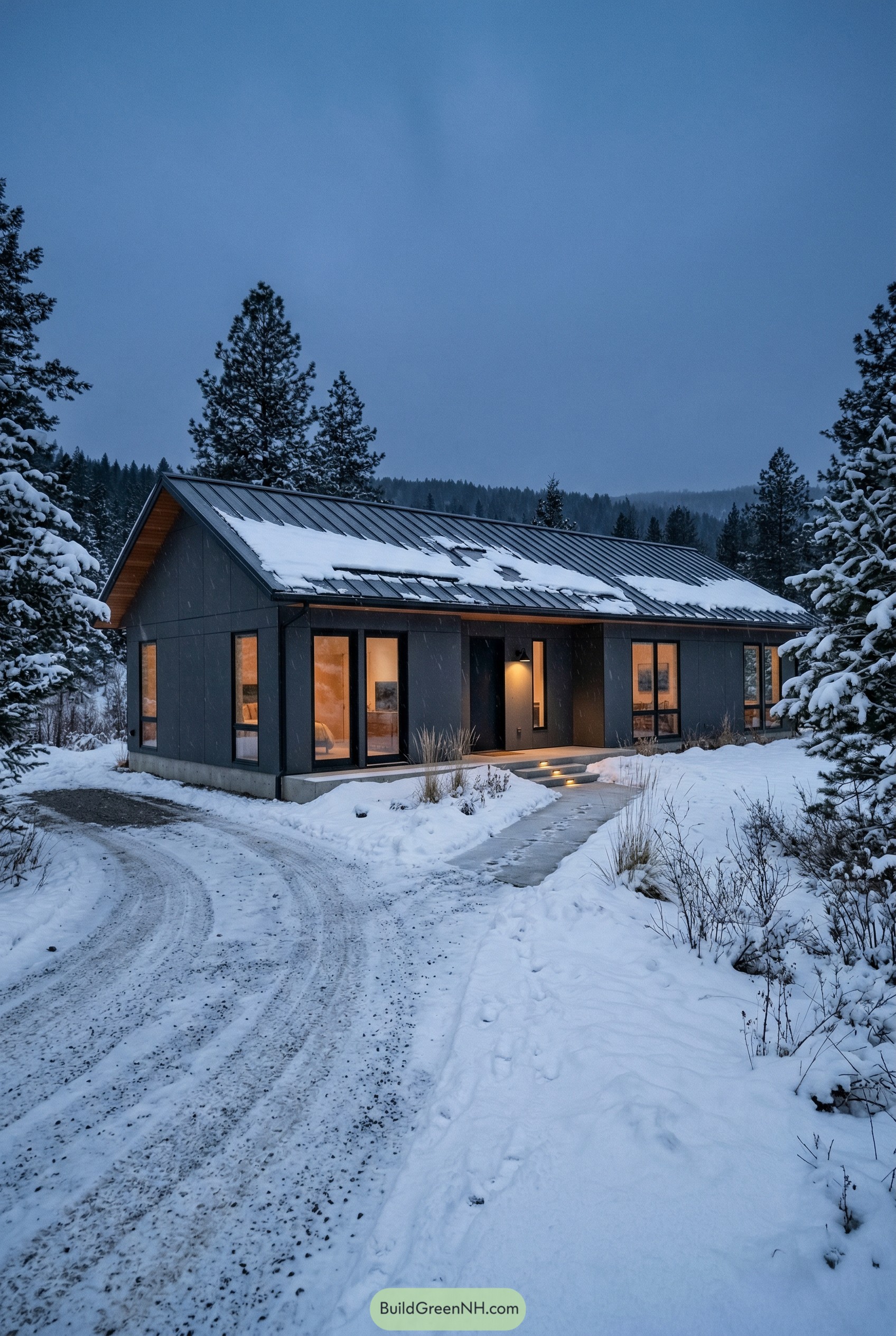 Dark modern ranch house in snowy forest