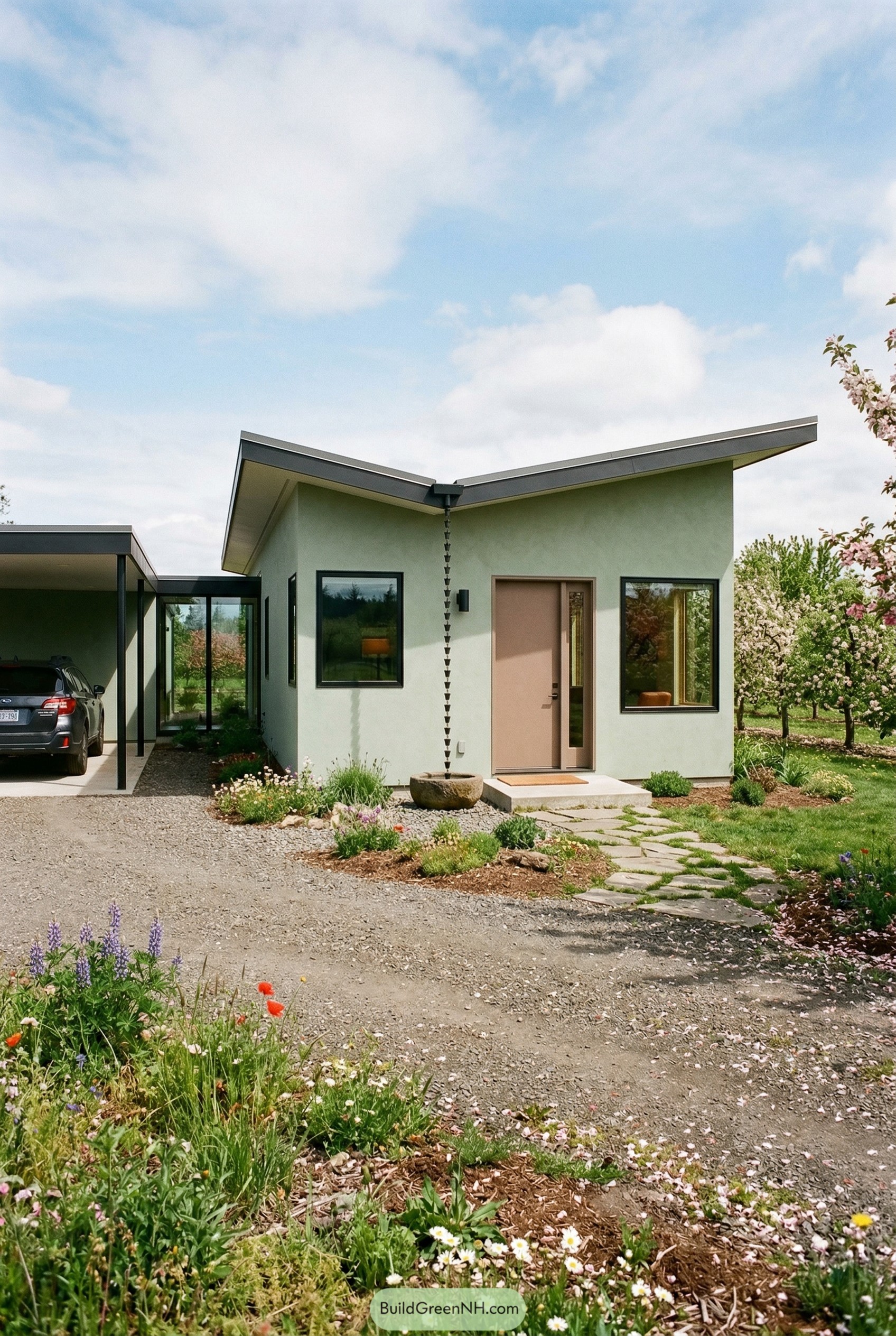 Sage ranch home with butterfly roof and carport