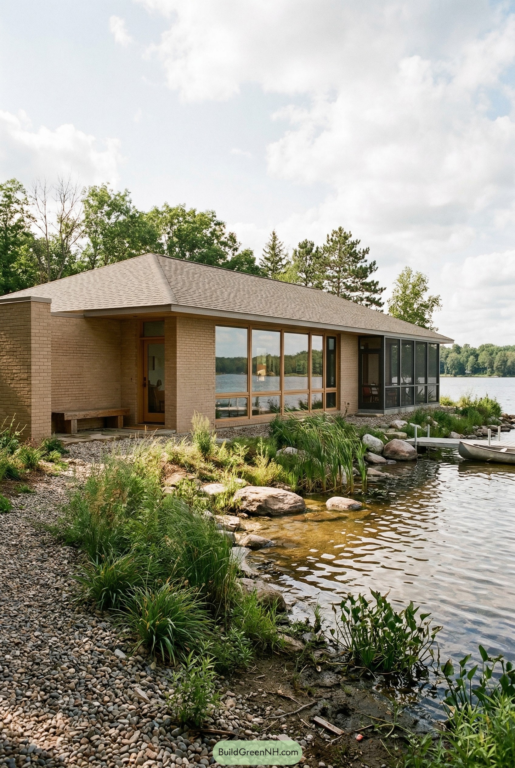 Low brick ranch on a rocky lakeshore
