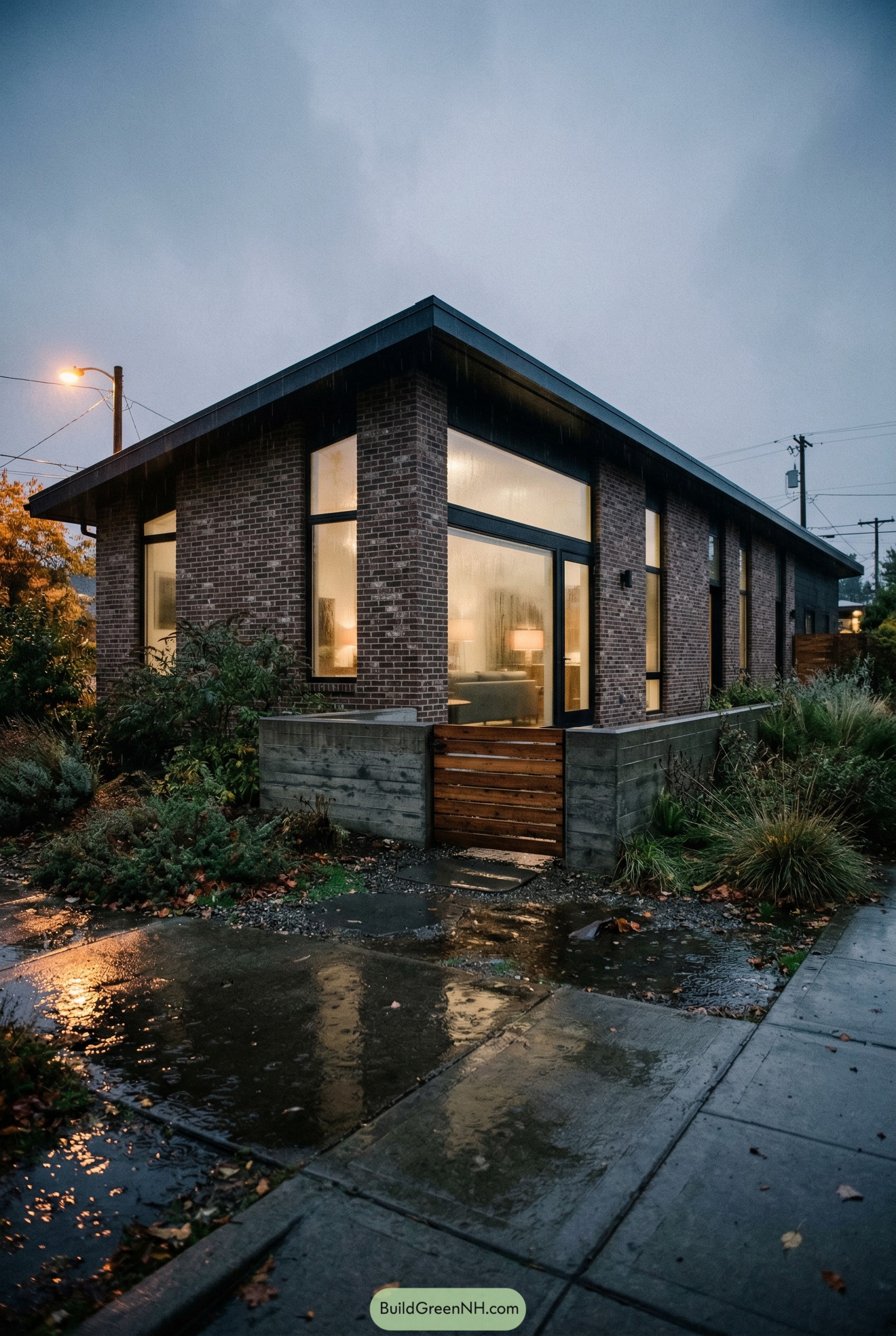 Modern brick ranch with tall corner windows on a rainy street