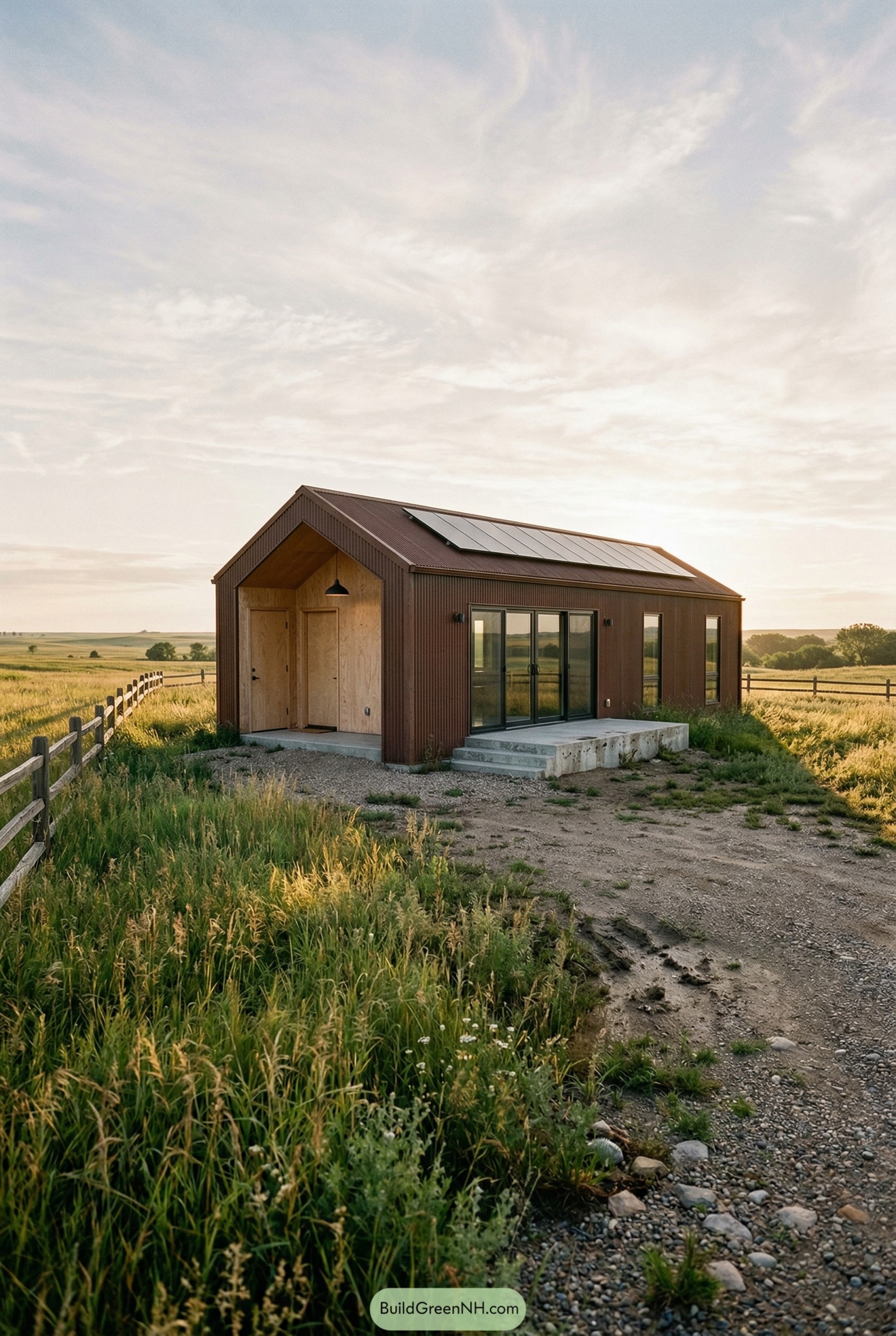 Small corrugated metal ranch with solar roof