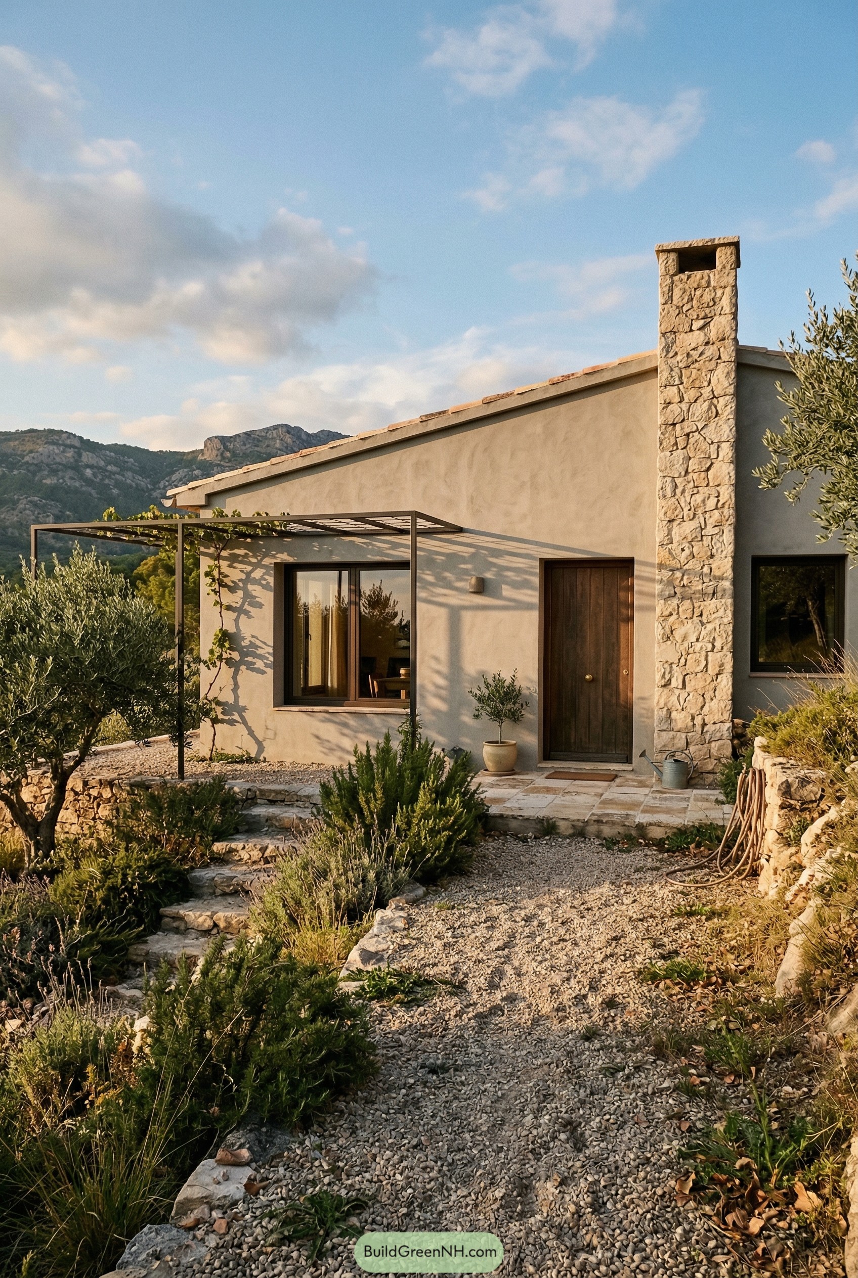 Modern stucco ranch with stone chimney and pergola