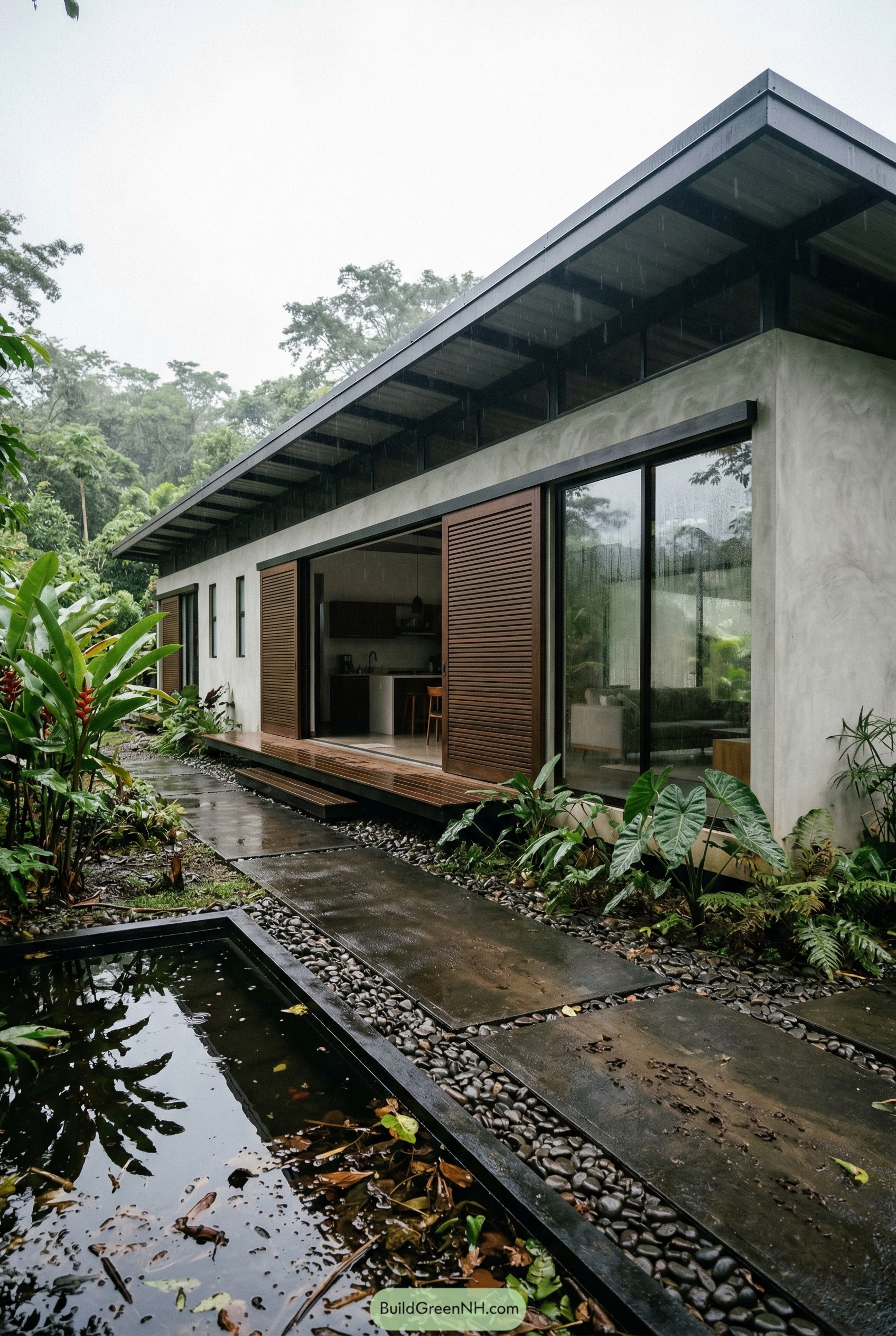 Modern tropical ranch house with wood shutters and reflecting pool