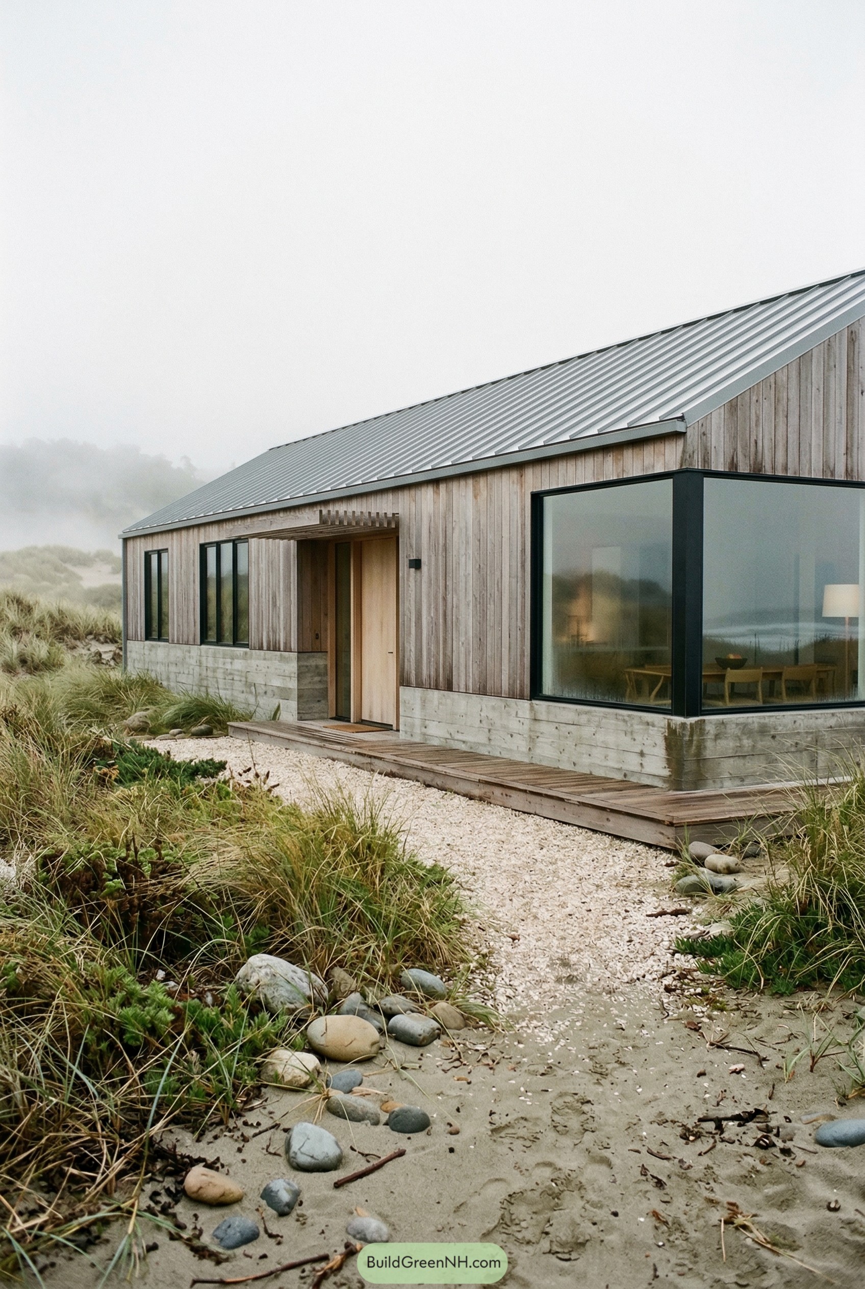 Modern wood ranch house set in coastal dunes