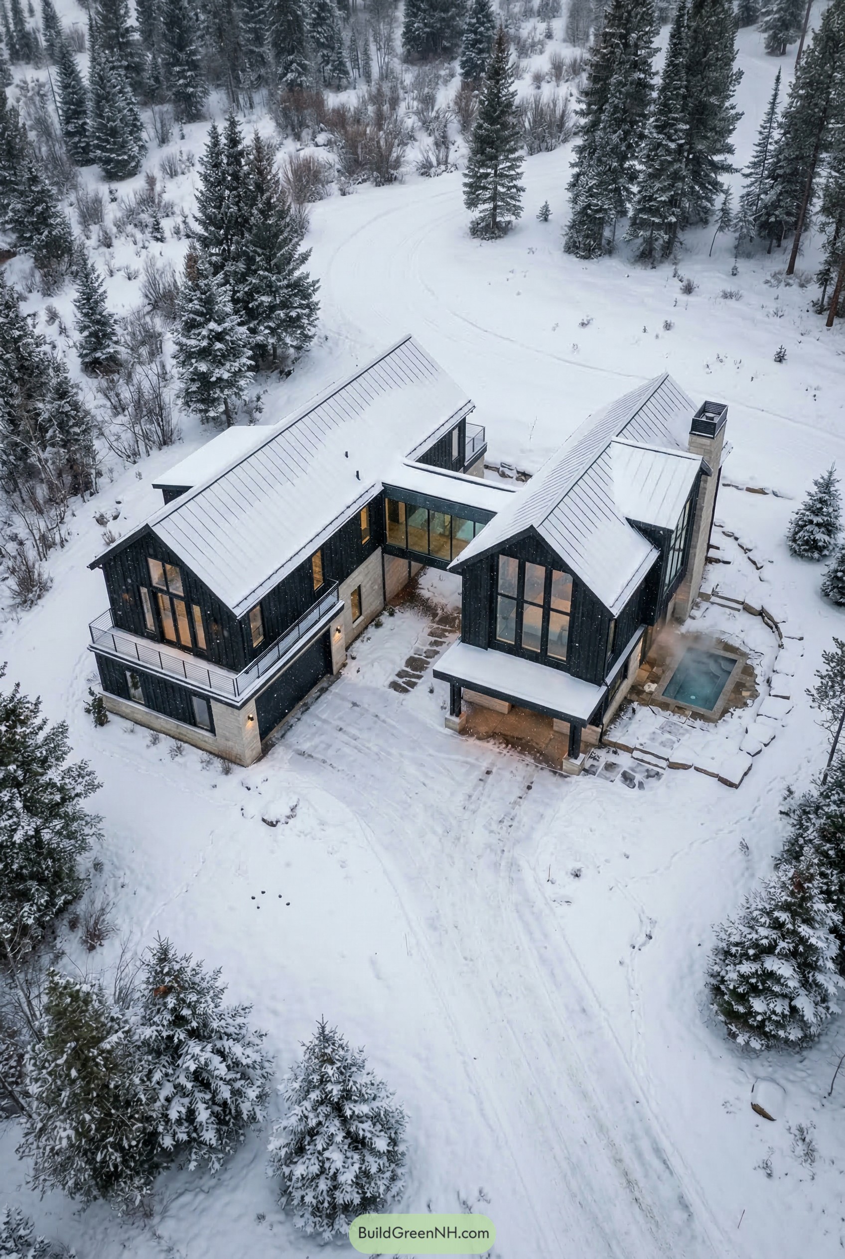 Modern black lodge in a snowy forest
