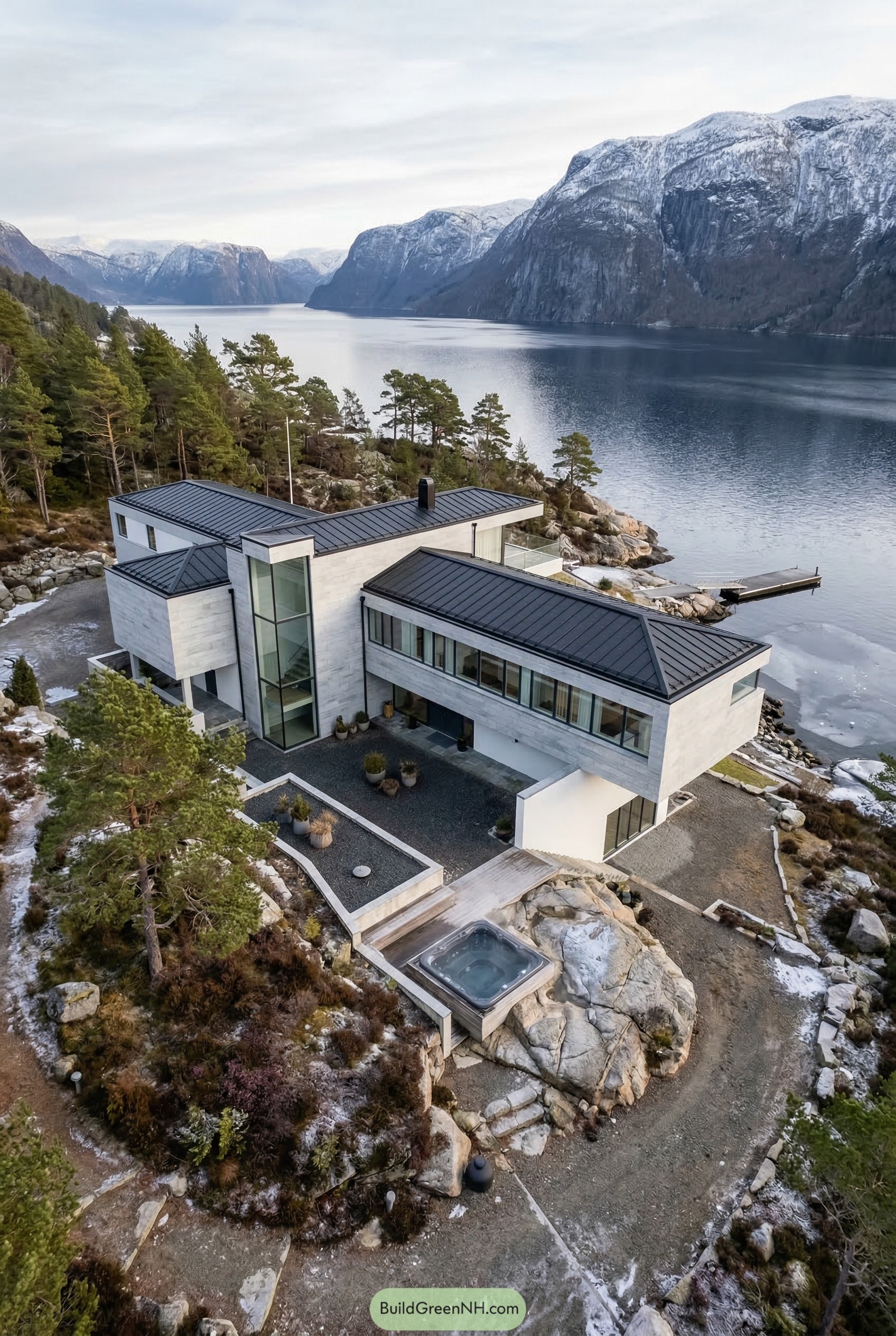 Modern stone mansion above a snowy fjord