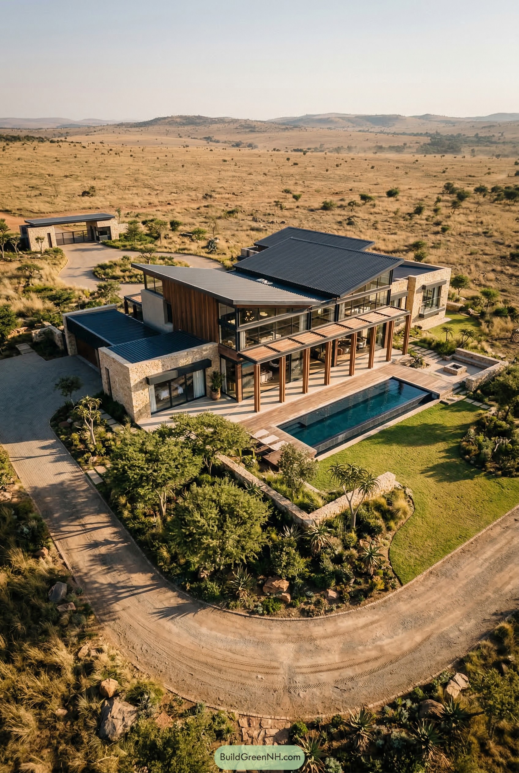 Aerial view of modern stone mansion with pool in savanna