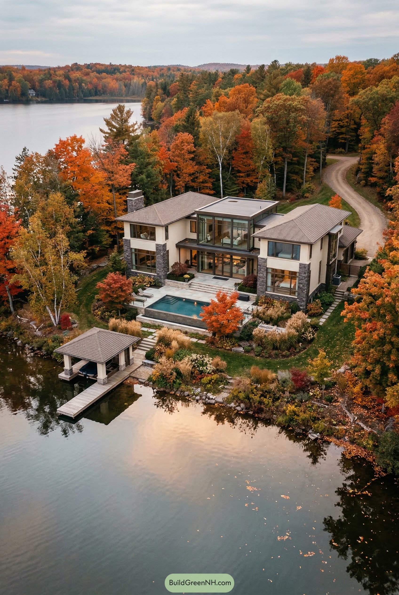 Modern lakeside mansion with pool and boathouse in autumn woods